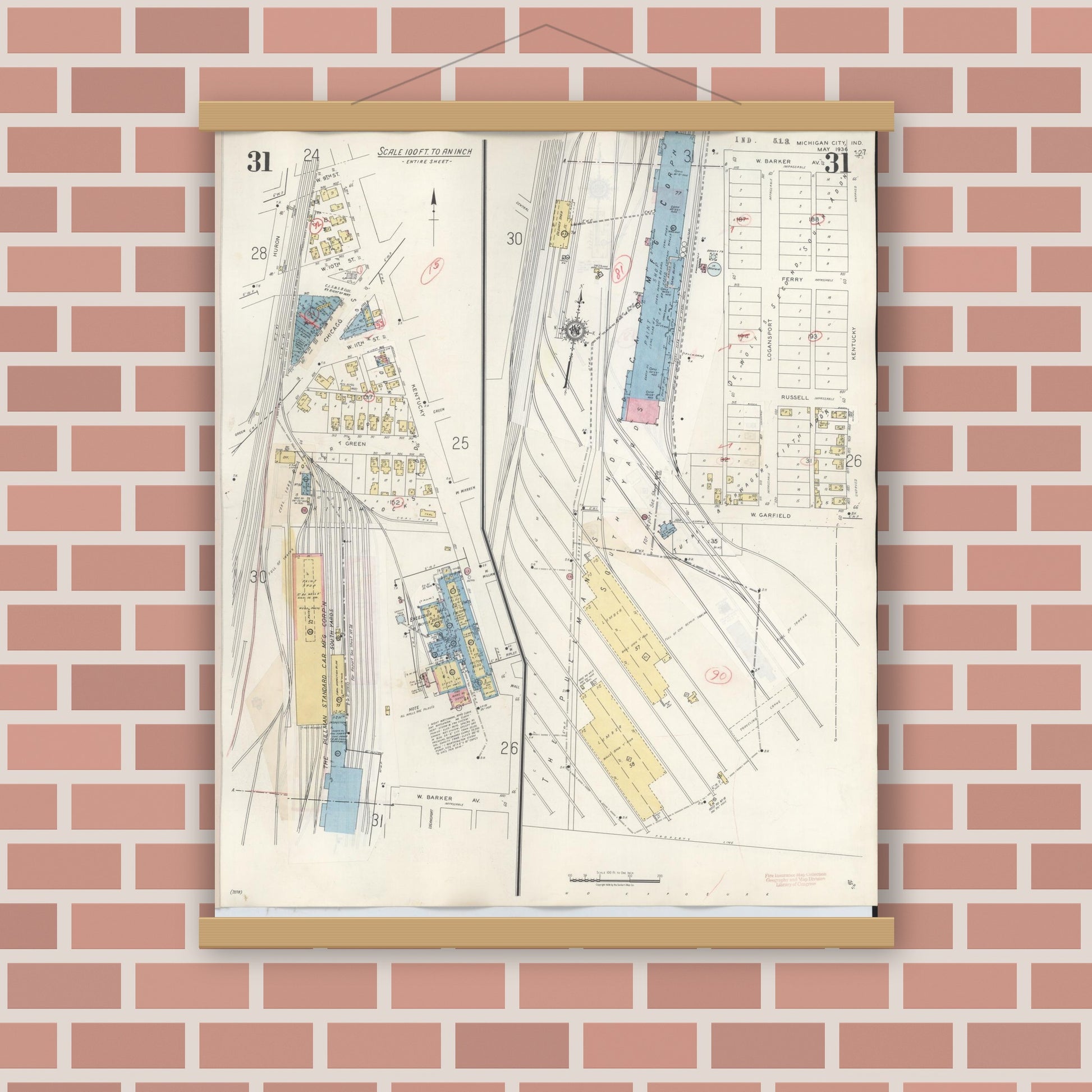 Old map wall art mockup — magnetic wood frame on brick wall — Sanborn Fire Insurance Map from Michigan City, La Porte County, Indiana (1948), Sheet #0031