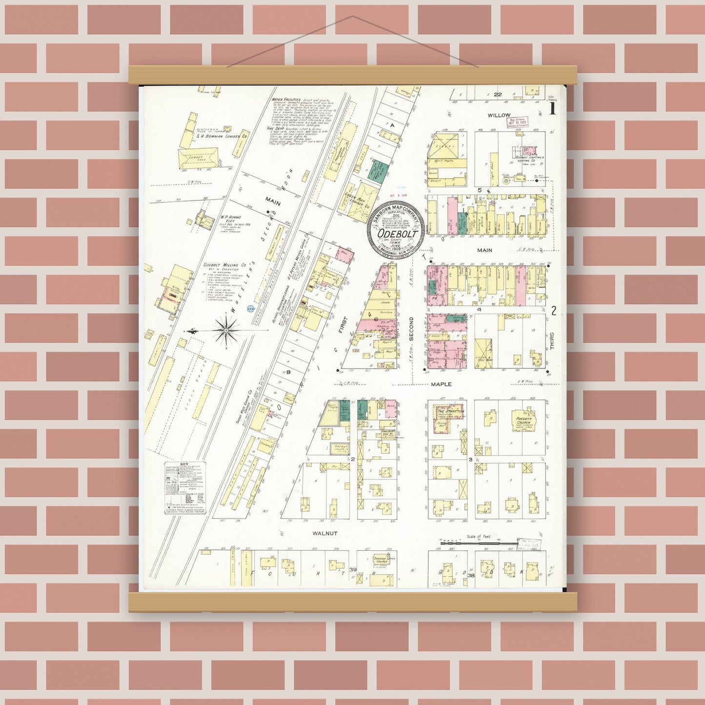 Old map wall art mockup — magnetic wood frame on brick wall — Sanborn Fire Insurance Map from Odebolt, Sac County, Iowa (1909), Sheet #0001