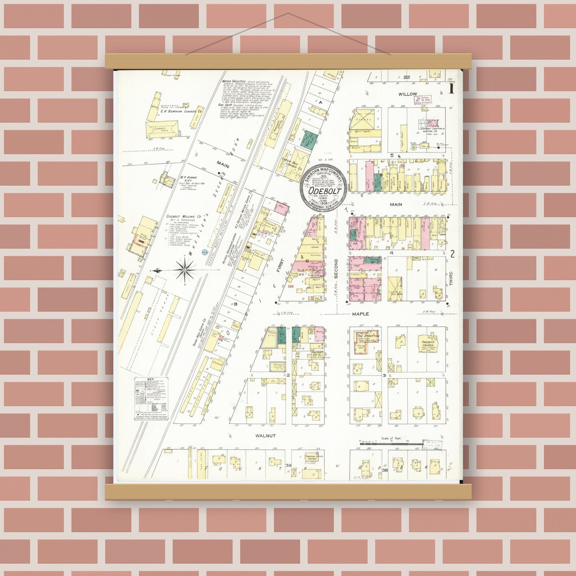 Old map wall art mockup — magnetic wood frame on brick wall — Sanborn Fire Insurance Map from Odebolt, Sac County, Iowa (1909), Sheet #0001