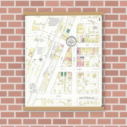 Old map wall art mockup — magnetic wood frame on brick wall — Sanborn Fire Insurance Map from Odebolt, Sac County, Iowa (1909), Sheet #0001