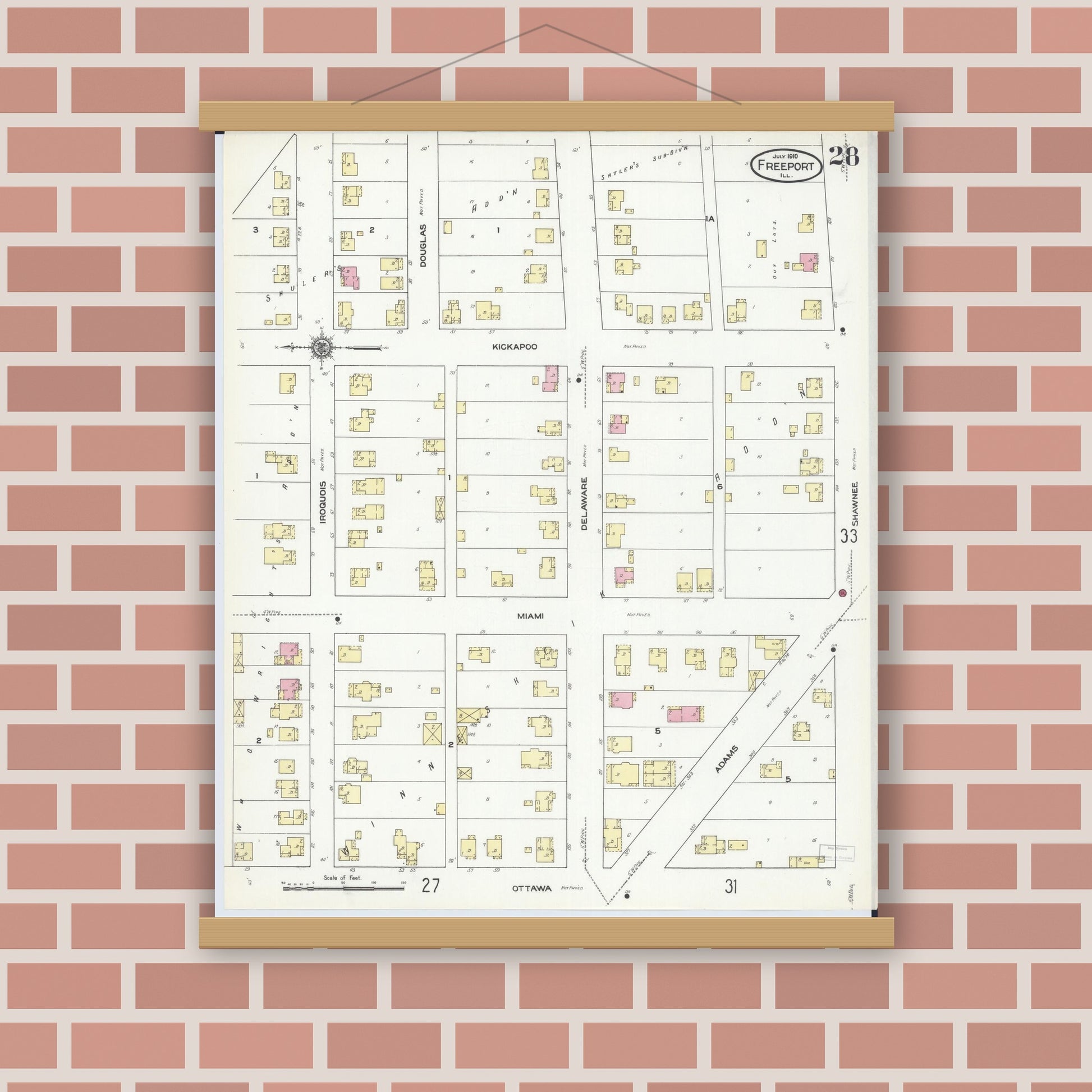 Old map wall art mockup — magnetic wood frame on brick wall — Sanborn Fire Insurance Map from Freeport, Stephenson County, Illinois (1910), Sheet #0028