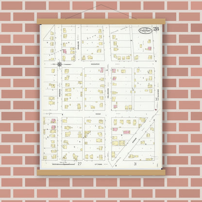 Old map wall art mockup — magnetic wood frame on brick wall — Sanborn Fire Insurance Map from Freeport, Stephenson County, Illinois (1910), Sheet #0028