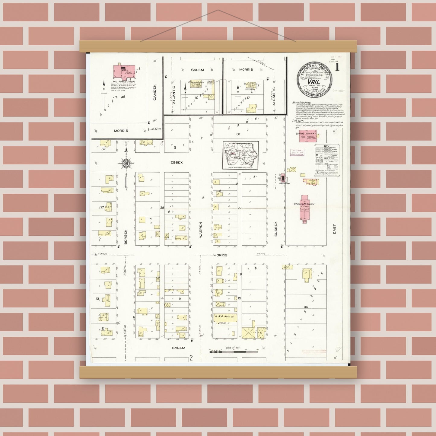 Old map wall art mockup — magnetic wood frame on brick wall — Sanborn Fire Insurance Map from Vail, Crawford County, Iowa (1913), Sheet #0001