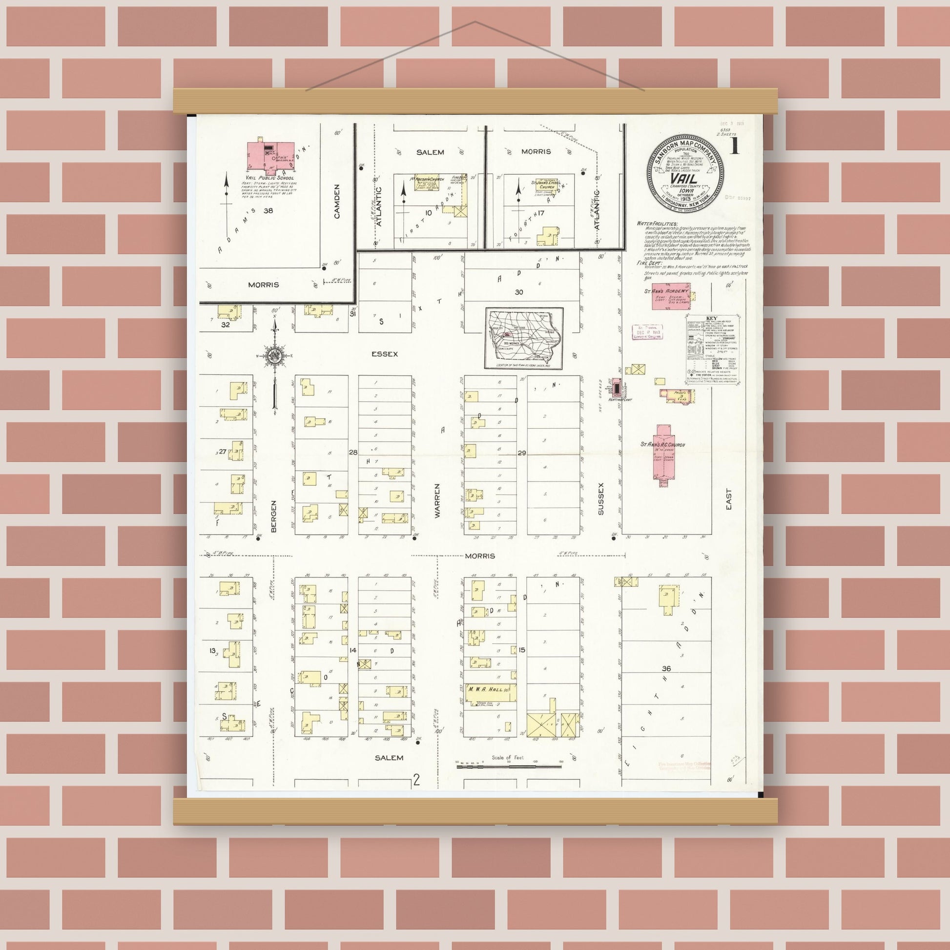 Old map wall art mockup — magnetic wood frame on brick wall — Sanborn Fire Insurance Map from Vail, Crawford County, Iowa (1913), Sheet #0001