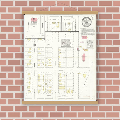Old map wall art mockup — magnetic wood frame on brick wall — Sanborn Fire Insurance Map from Vail, Crawford County, Iowa (1913), Sheet #0001