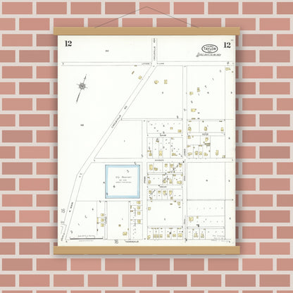 Old map wall art mockup — magnetic wood frame on brick wall — Sanborn Fire Insurance Map from Taylor, Williamson County, Texas (1923), Sheet #0012