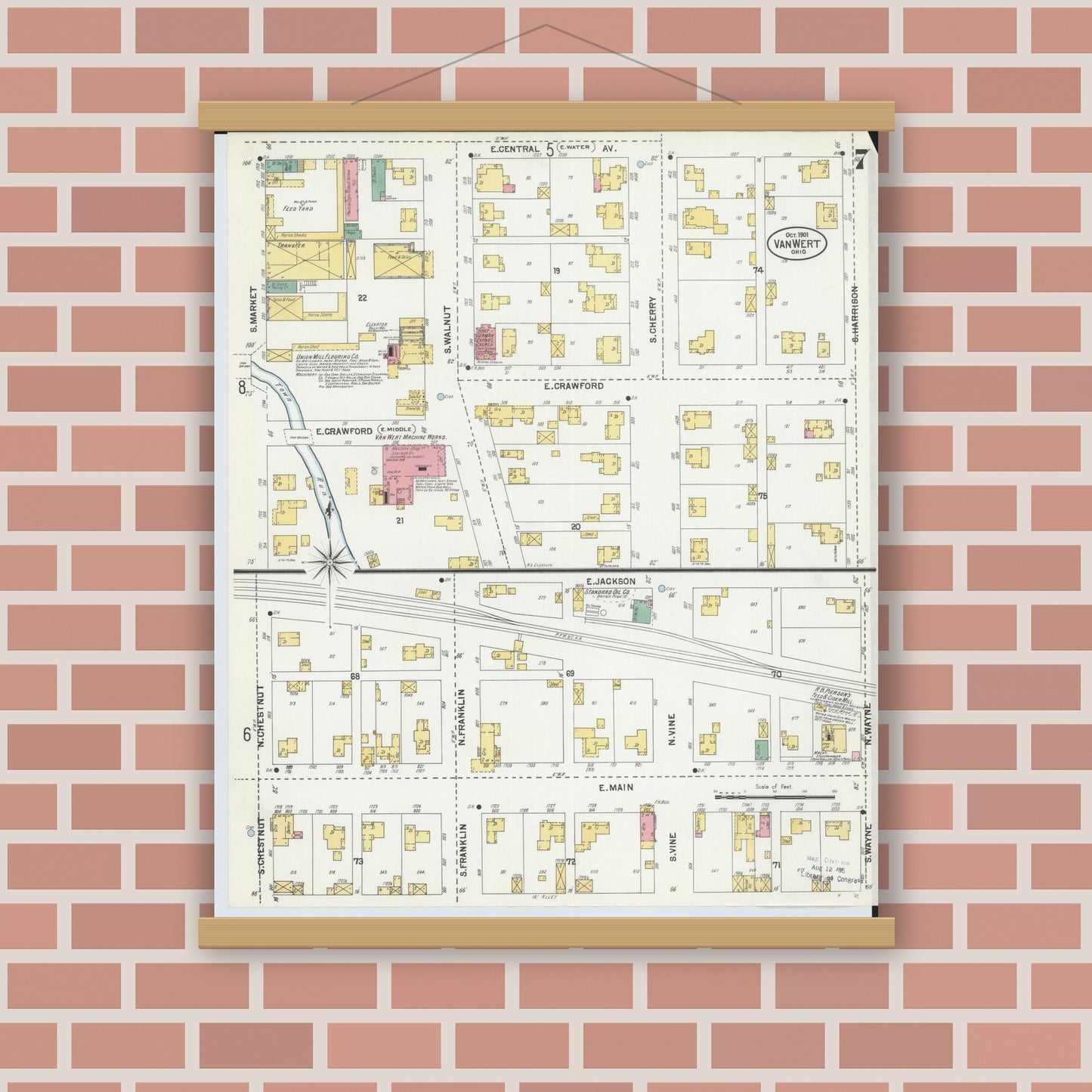 Old map wall art mockup — magnetic wood frame on brick wall — Sanborn Fire Insurance Map from Van Wert, Van Wert County, Ohio (1901), Sheet #0007