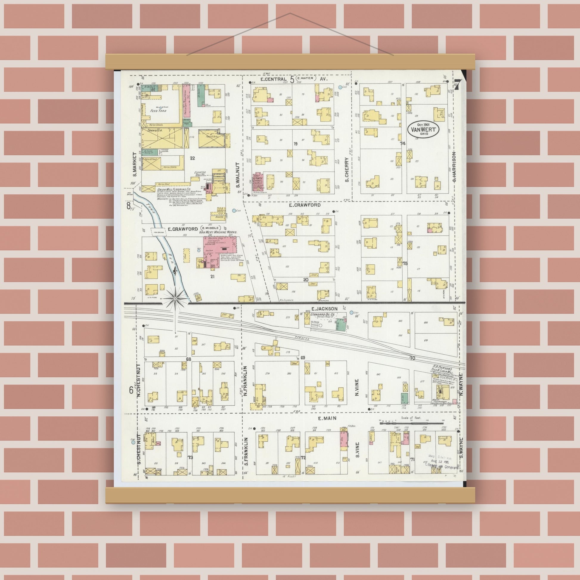 Old map wall art mockup — magnetic wood frame on brick wall — Sanborn Fire Insurance Map from Van Wert, Van Wert County, Ohio (1901), Sheet #0007