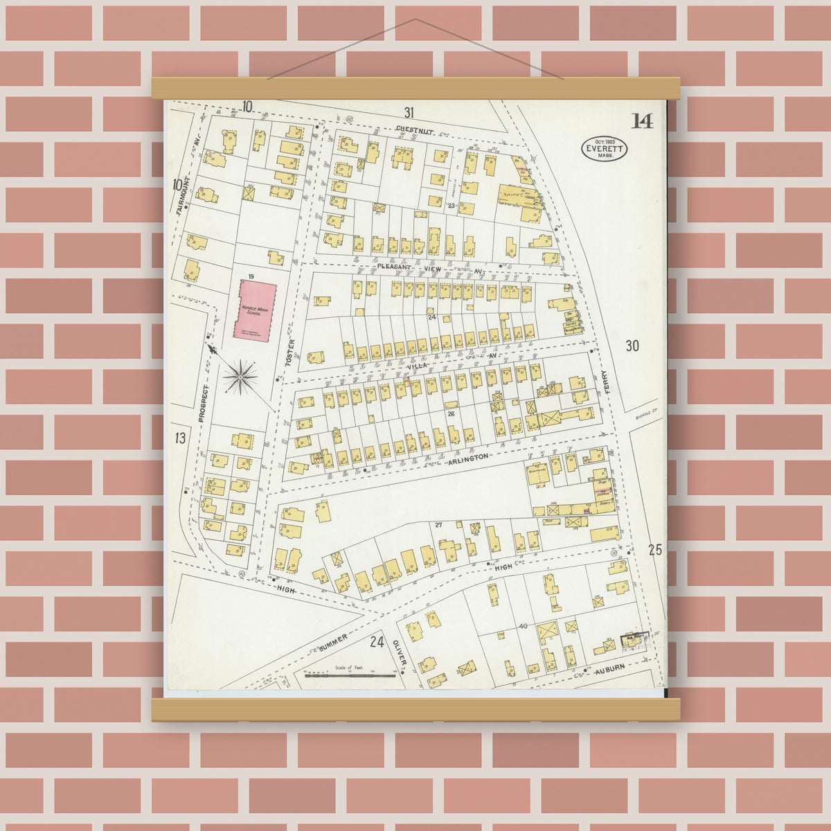 Old map wall art mockup — magnetic wood frame on brick wall — Sanborn Fire Insurance Map from Everett, Middlesex County, Massachusetts (1903), Sheet #0014