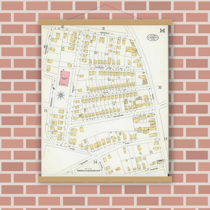 Old map wall art mockup — magnetic wood frame on brick wall — Sanborn Fire Insurance Map from Everett, Middlesex County, Massachusetts (1903), Sheet #0014