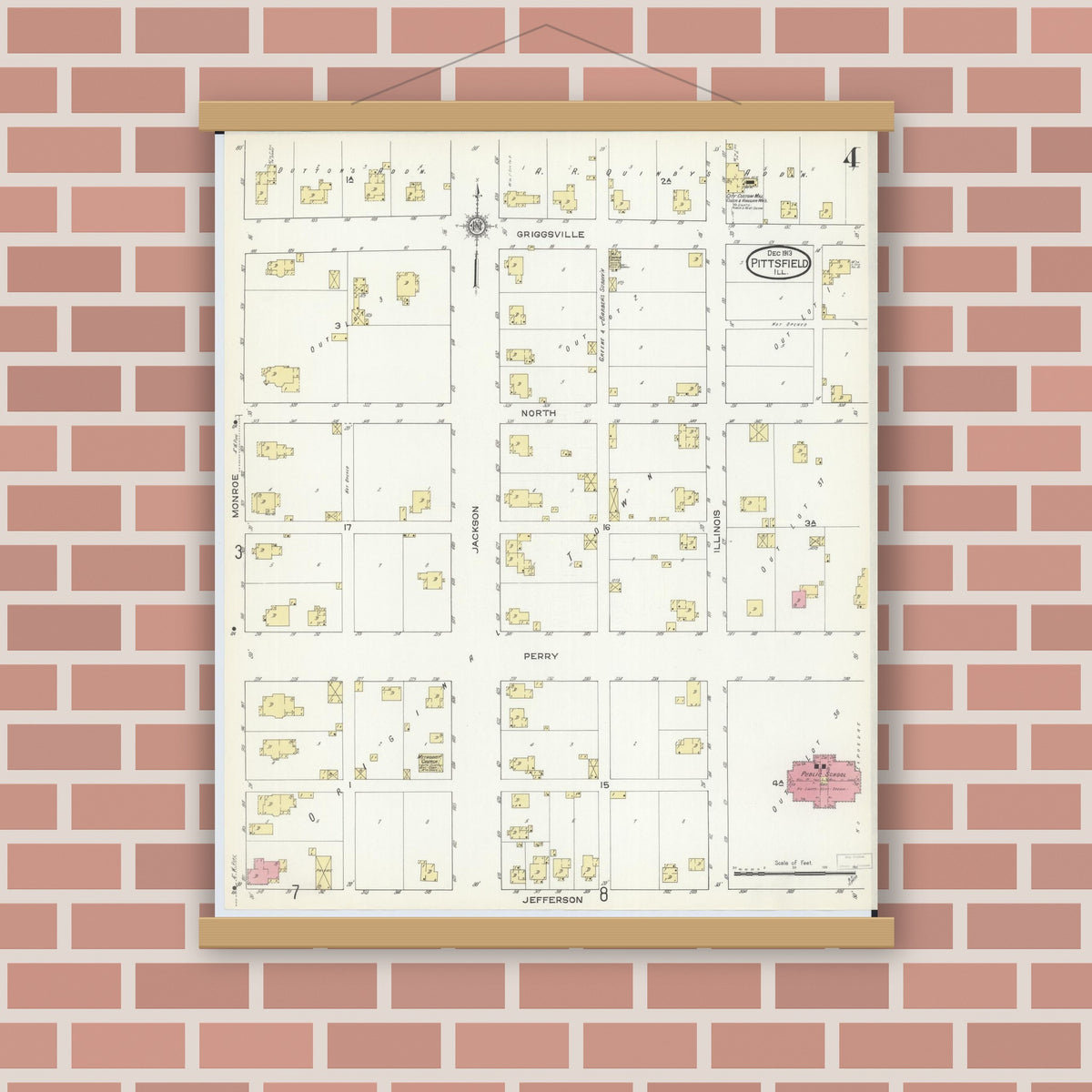 Old map wall art mockup — magnetic wood frame on brick wall — Sanborn Fire Insurance Map from Pittsfield, Pike County, Illinois (1913), Sheet #0004