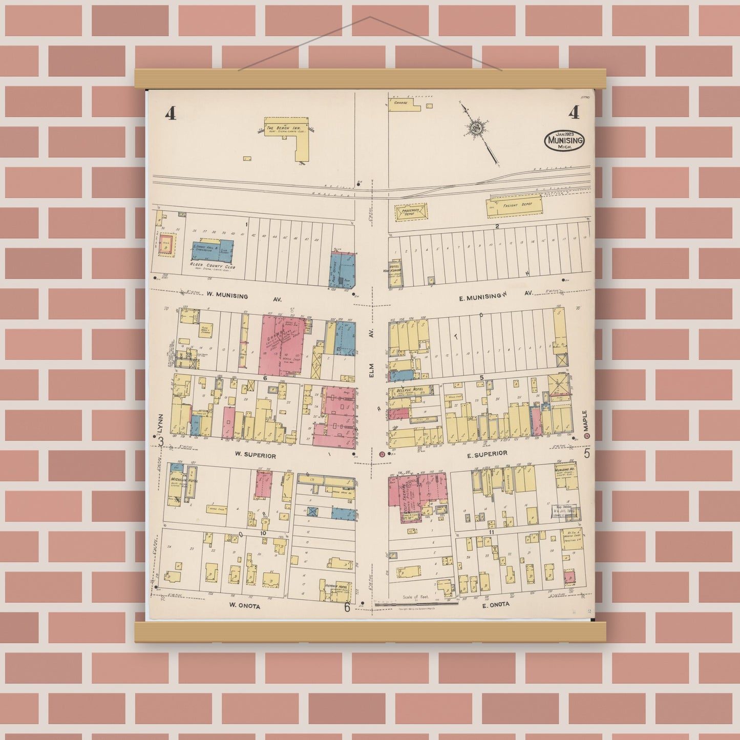 Old map wall art mockup — magnetic wood frame on brick wall — Sanborn Fire Insurance Map from Munising, Alger County, Michigan (1923), Sheet #0004