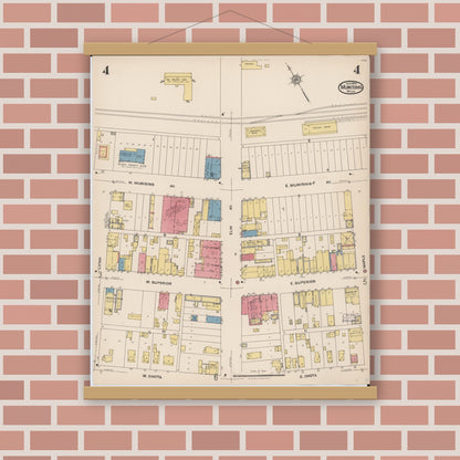 Old map wall art mockup — magnetic wood frame on brick wall — Sanborn Fire Insurance Map from Munising, Alger County, Michigan (1923), Sheet #0004