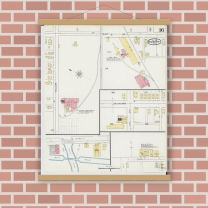 Old map wall art mockup — magnetic wood frame on brick wall — Sanborn Fire Insurance Map from Newark, Licking County, Ohio (1893), Sheet #0016