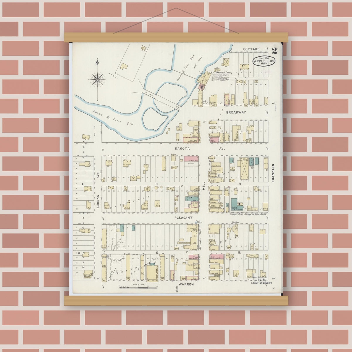 Old map wall art mockup — magnetic wood frame on brick wall — Sanborn Fire Insurance Map from Appleton, Swift County, Minnesota (1894), Sheet #0002