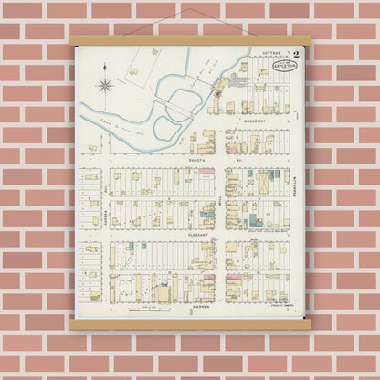 Old map wall art mockup — magnetic wood frame on brick wall — Sanborn Fire Insurance Map from Appleton, Swift County, Minnesota (1894), Sheet #0002