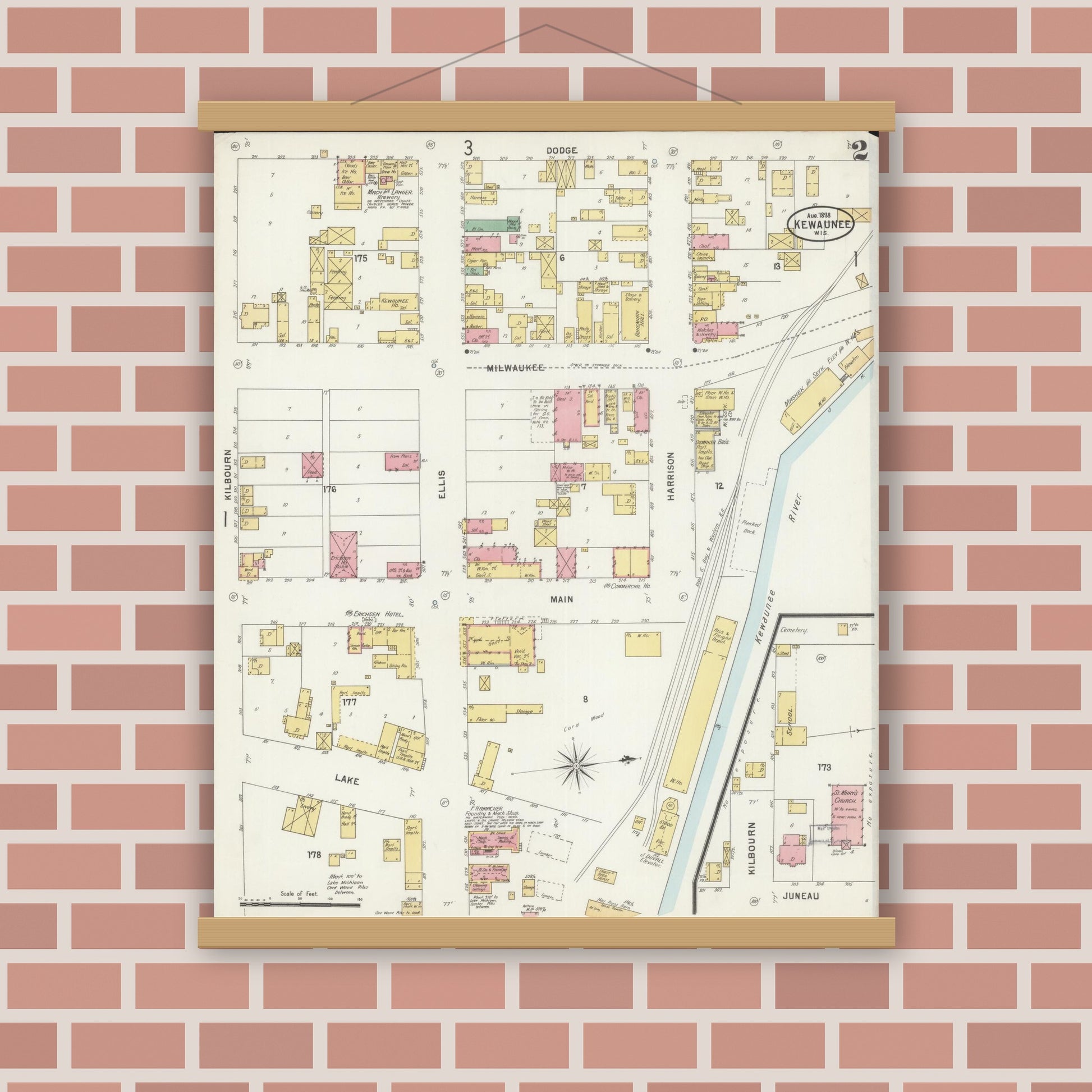 Old map wall art mockup — magnetic wood frame on brick wall — Sanborn Fire Insurance Map from Kewaunee, Kewaunee County, Wisconsin (1898), Sheet #0002