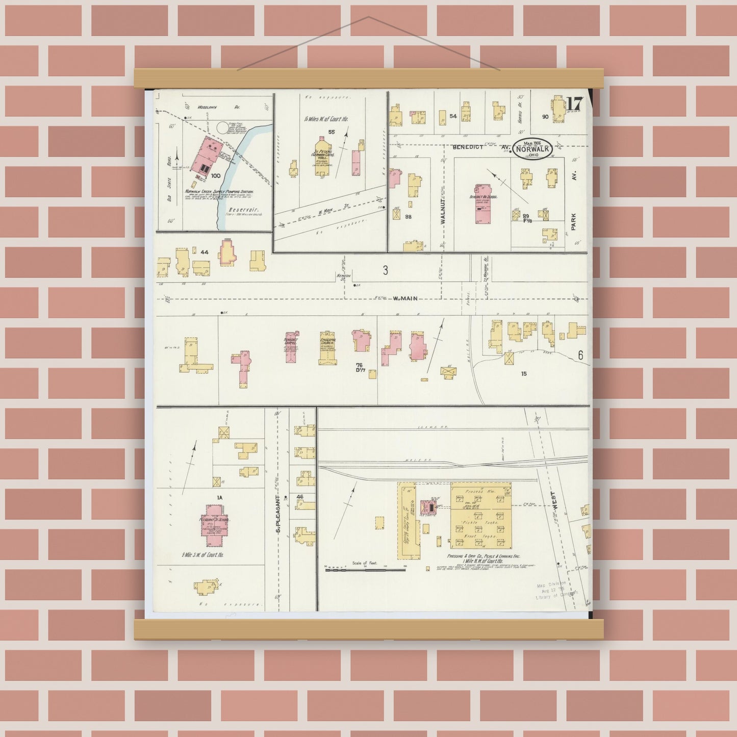 Old map wall art mockup — magnetic wood frame on brick wall — Sanborn Fire Insurance Map from Norwalk, Huron County, Ohio (1906), Sheet #0017