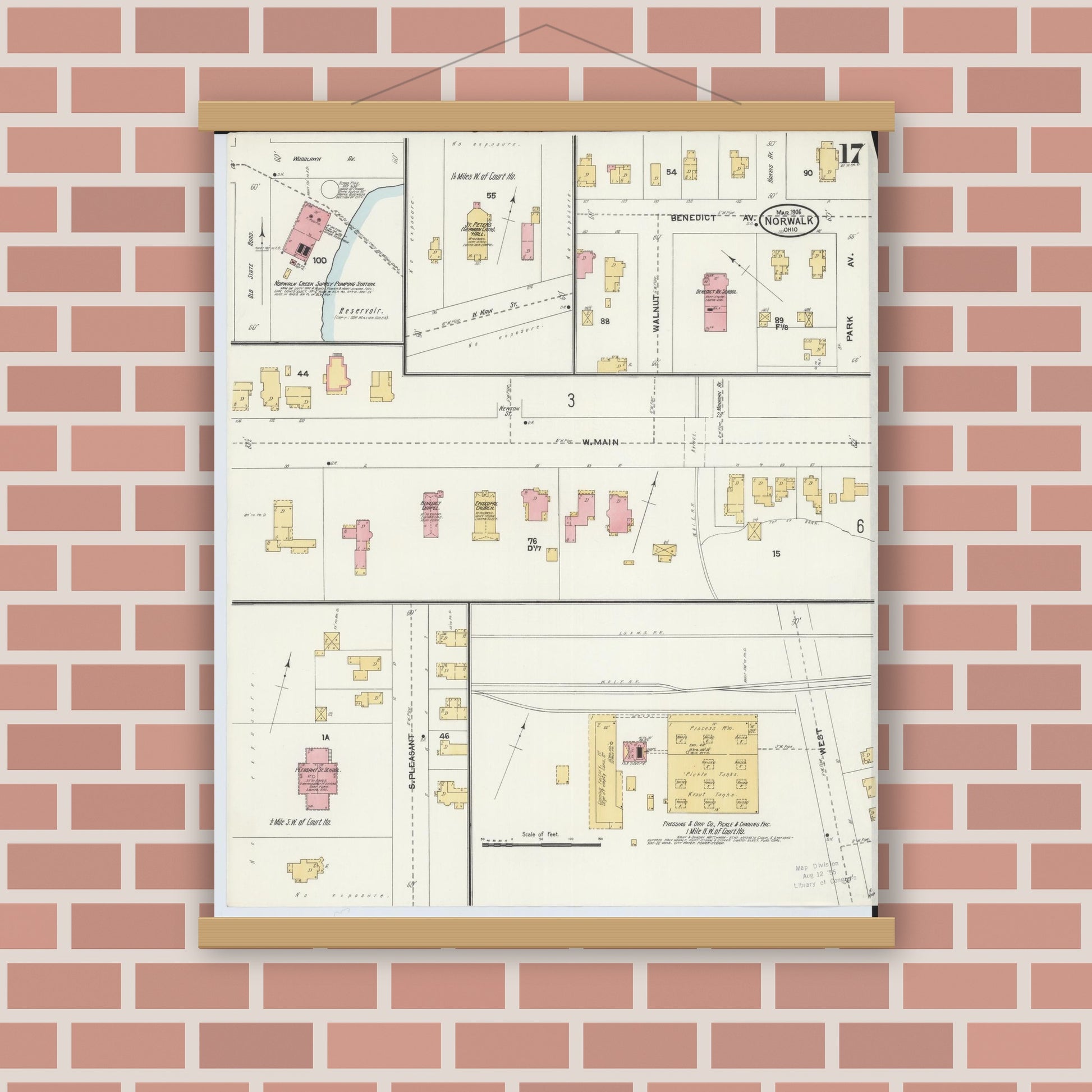 Old map wall art mockup — magnetic wood frame on brick wall — Sanborn Fire Insurance Map from Norwalk, Huron County, Ohio (1906), Sheet #0017