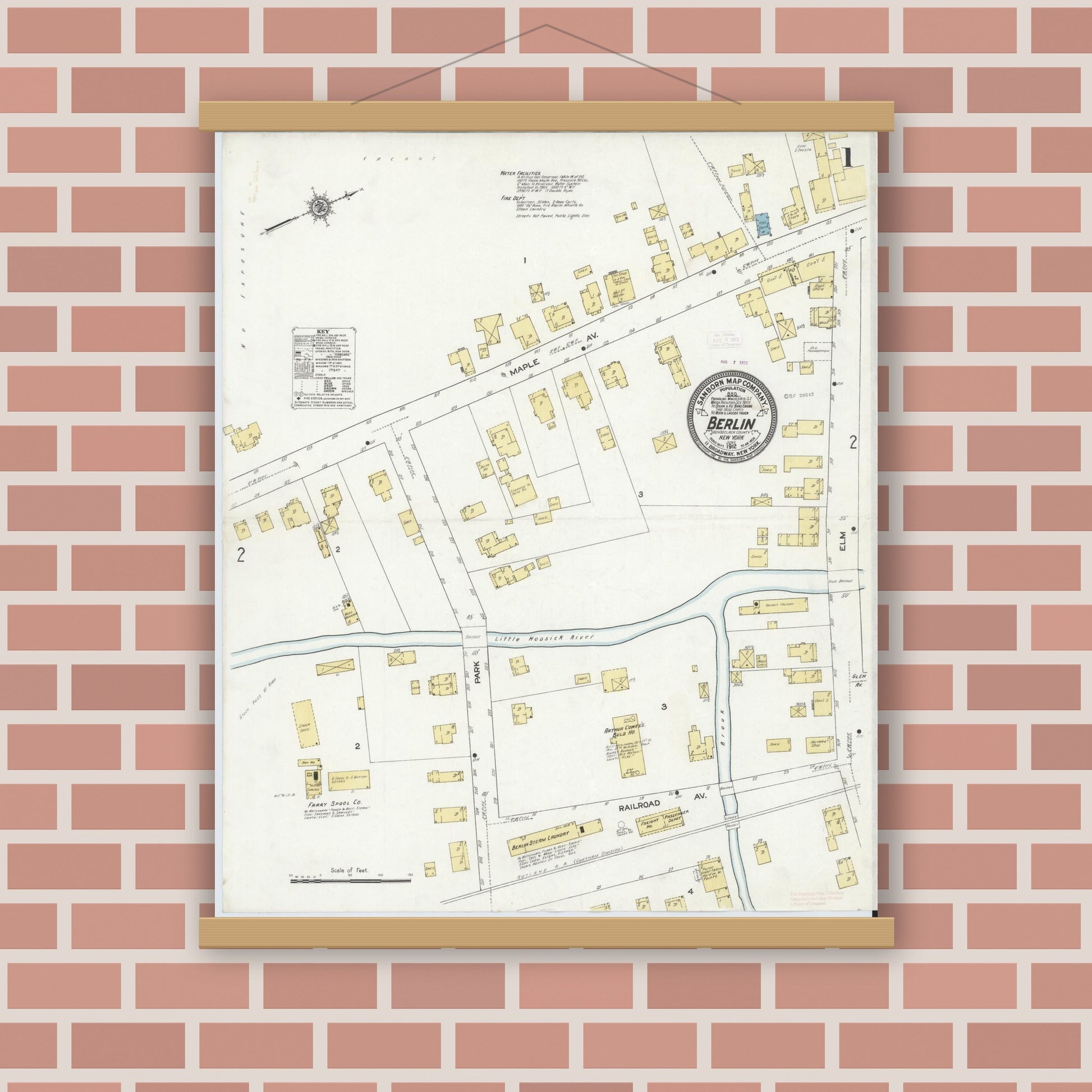 Old map wall art mockup — magnetic wood frame on brick wall — Sanborn Fire Insurance Map from Berlin, Rensselaer County, New York (1912) - Complete Map Set