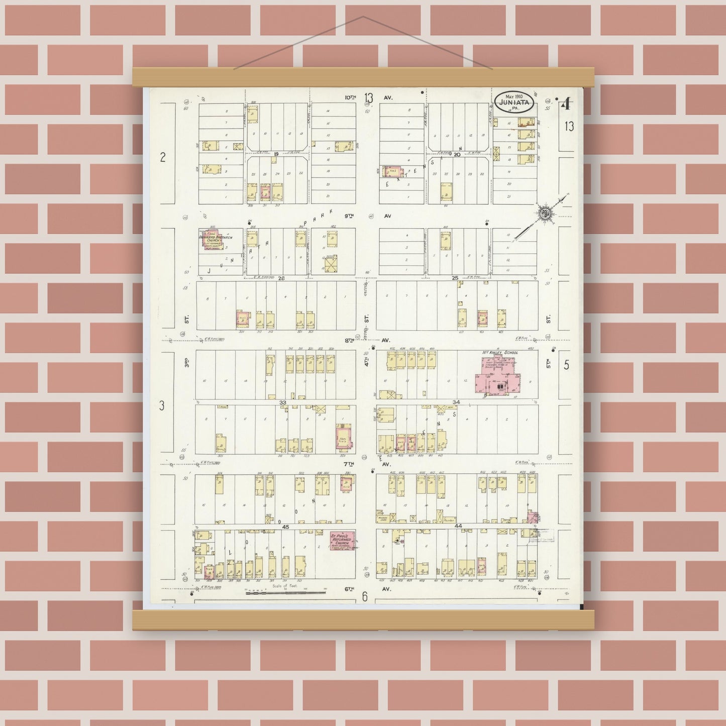 Old map wall art mockup — magnetic wood frame on brick wall — Sanborn Fire Insurance Map from Juniata, Blair County, Pennsylvania (1910), Sheet #0004