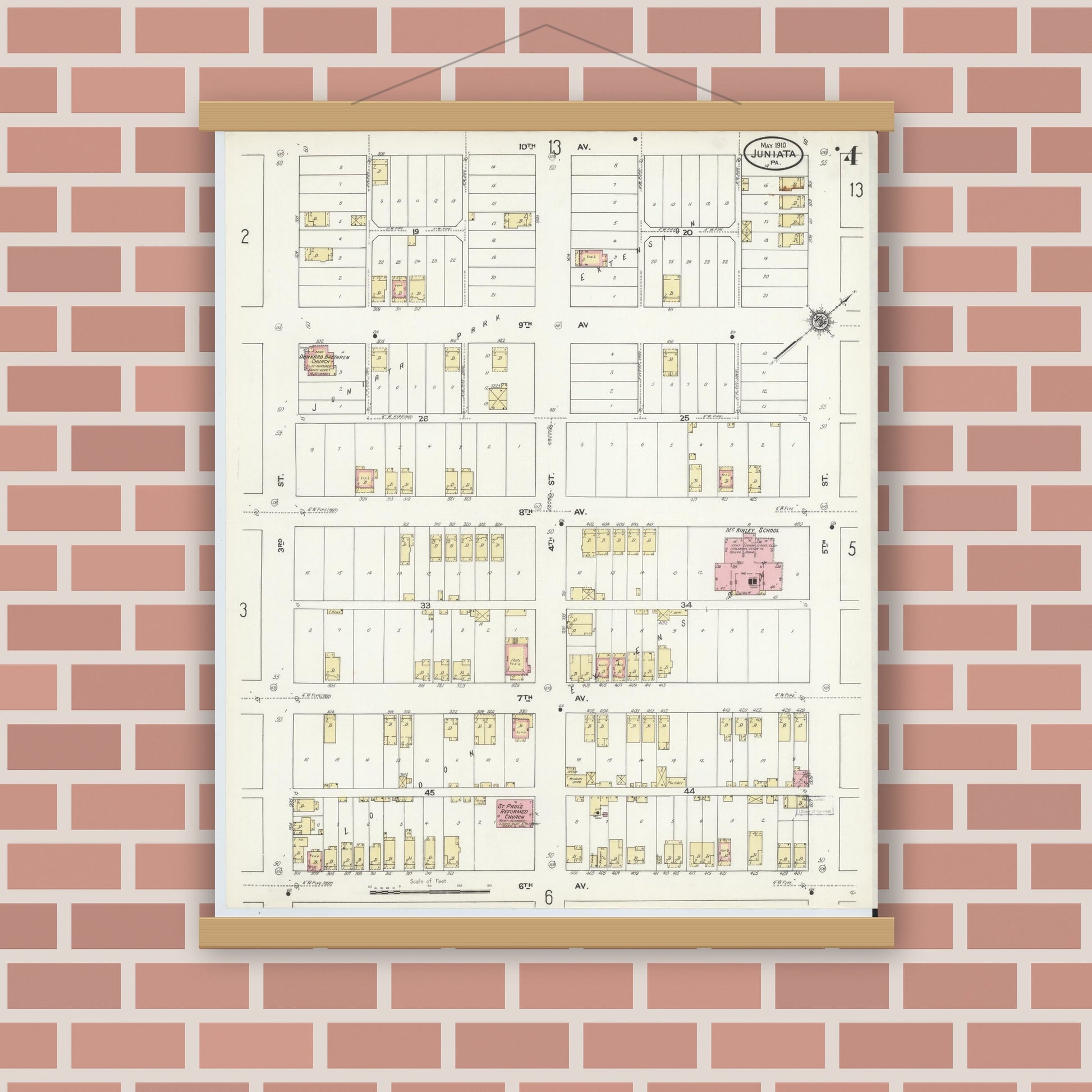 Old map wall art mockup — magnetic wood frame on brick wall — Sanborn Fire Insurance Map from Juniata, Blair County, Pennsylvania (1910), Sheet #0004