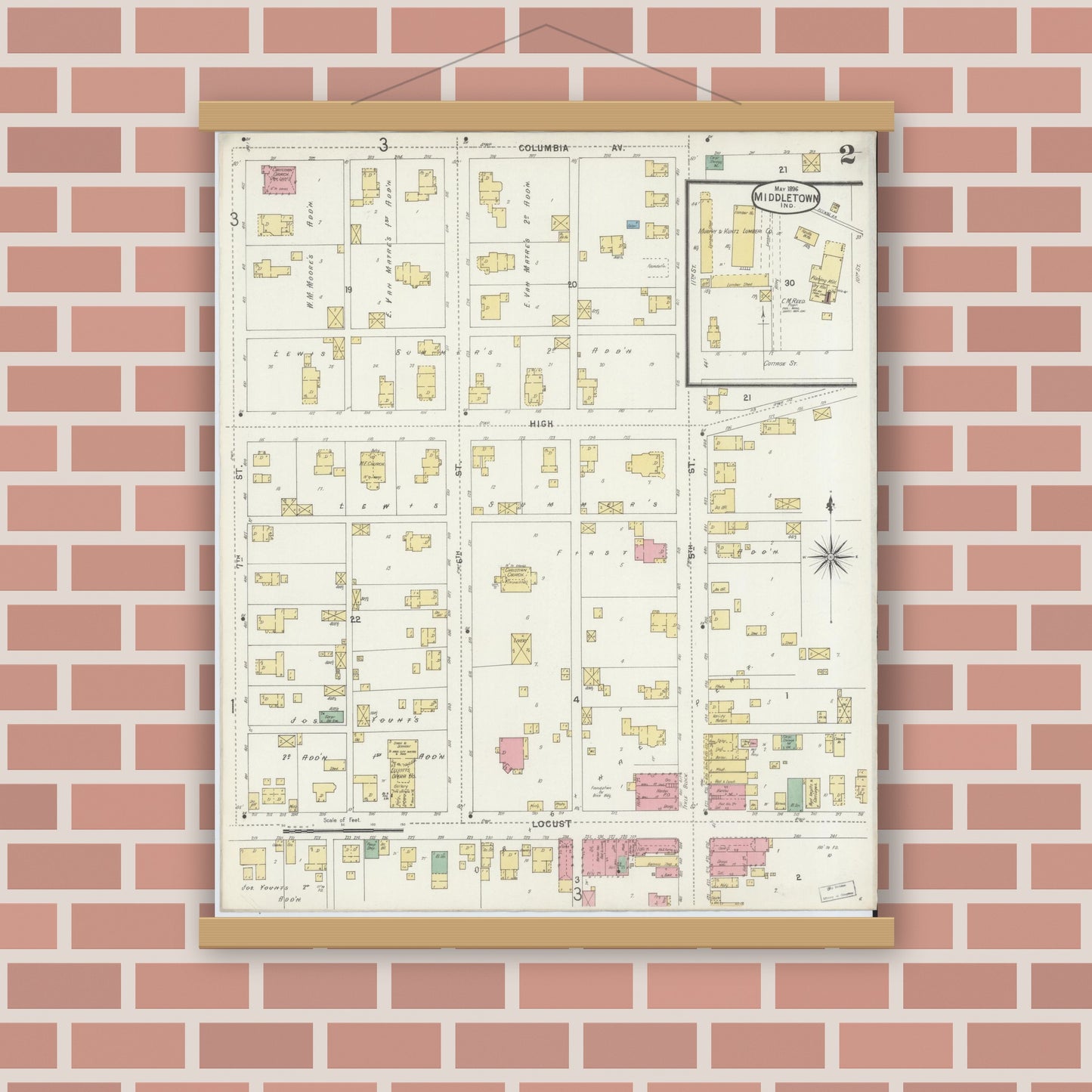 Old map wall art mockup — magnetic wood frame on brick wall — Sanborn Fire Insurance Map from Middletown, Henry County, Indiana (1896), Sheet #0002