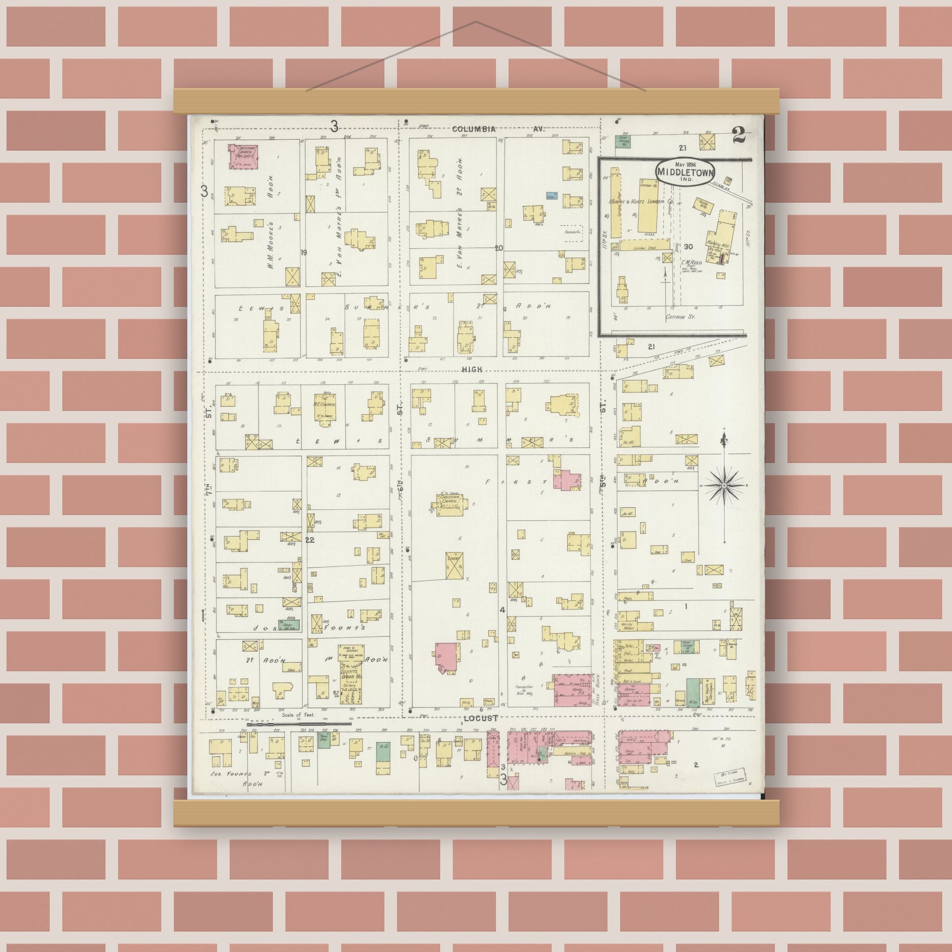 Old map wall art mockup — magnetic wood frame on brick wall — Sanborn Fire Insurance Map from Middletown, Henry County, Indiana (1896), Sheet #0002
