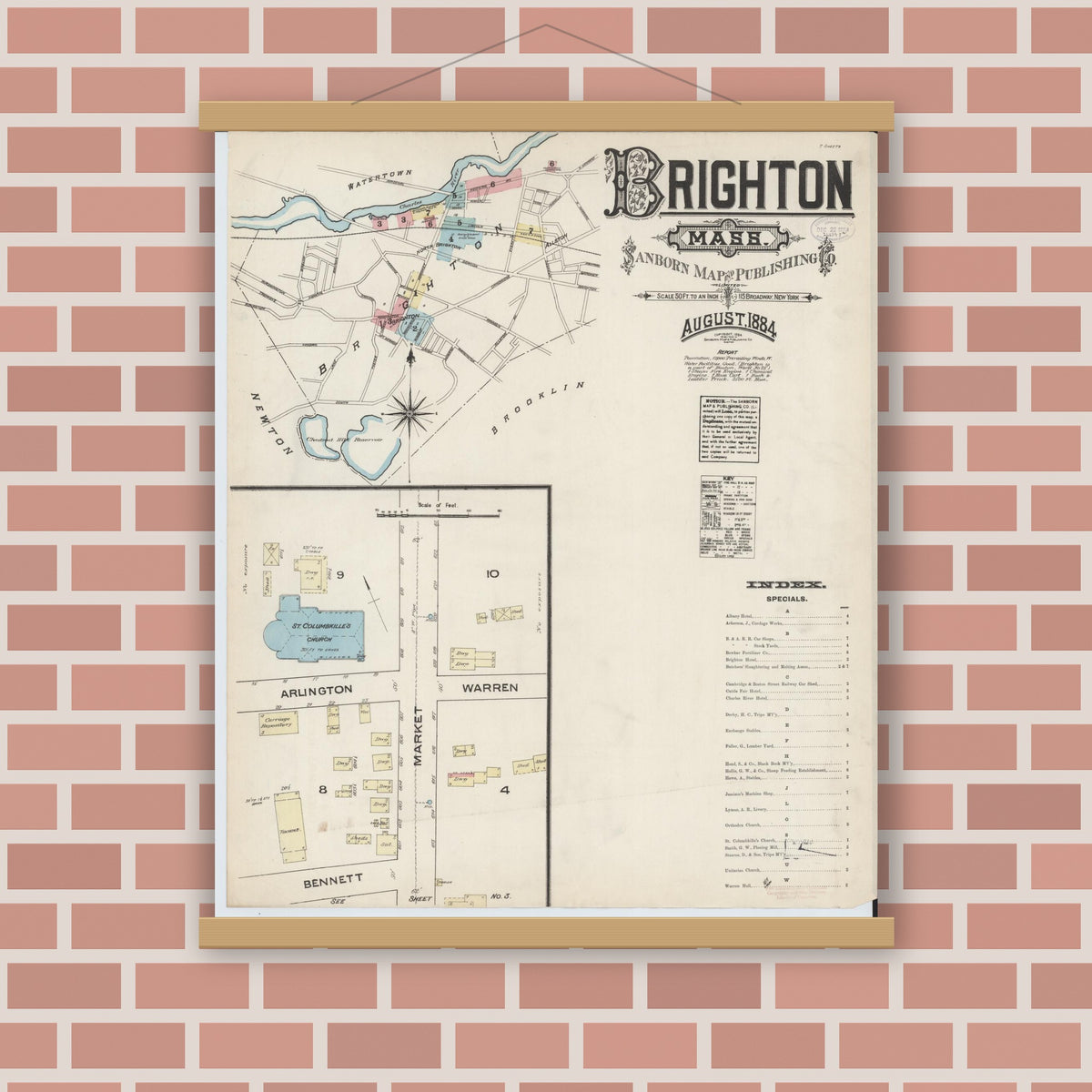 Old map wall art mockup — magnetic wood frame on brick wall — Sanborn Fire Insurance Map from Brighton, Suffolk County, Massachusetts (1884), Sheet #0001