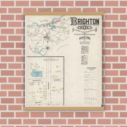 Old map wall art mockup — magnetic wood frame on brick wall — Sanborn Fire Insurance Map from Brighton, Suffolk County, Massachusetts (1884), Sheet #0001