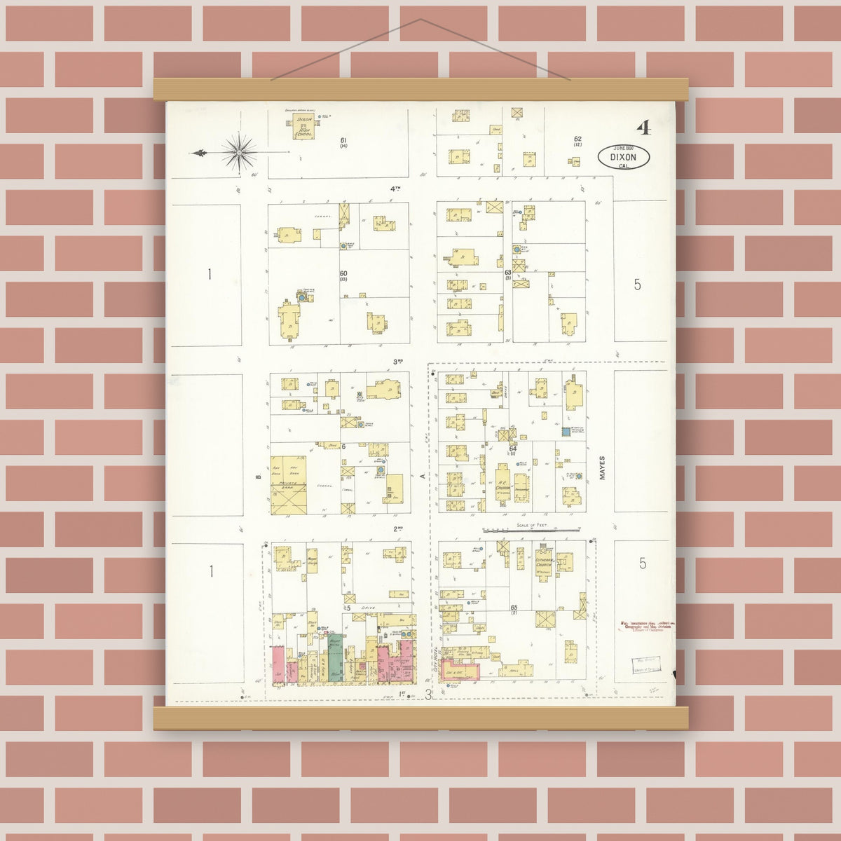 Old map wall art mockup — magnetic wood frame on brick wall — Sanborn Fire Insurance Map from Dixon, Solano County, California (1900), Sheet #0004