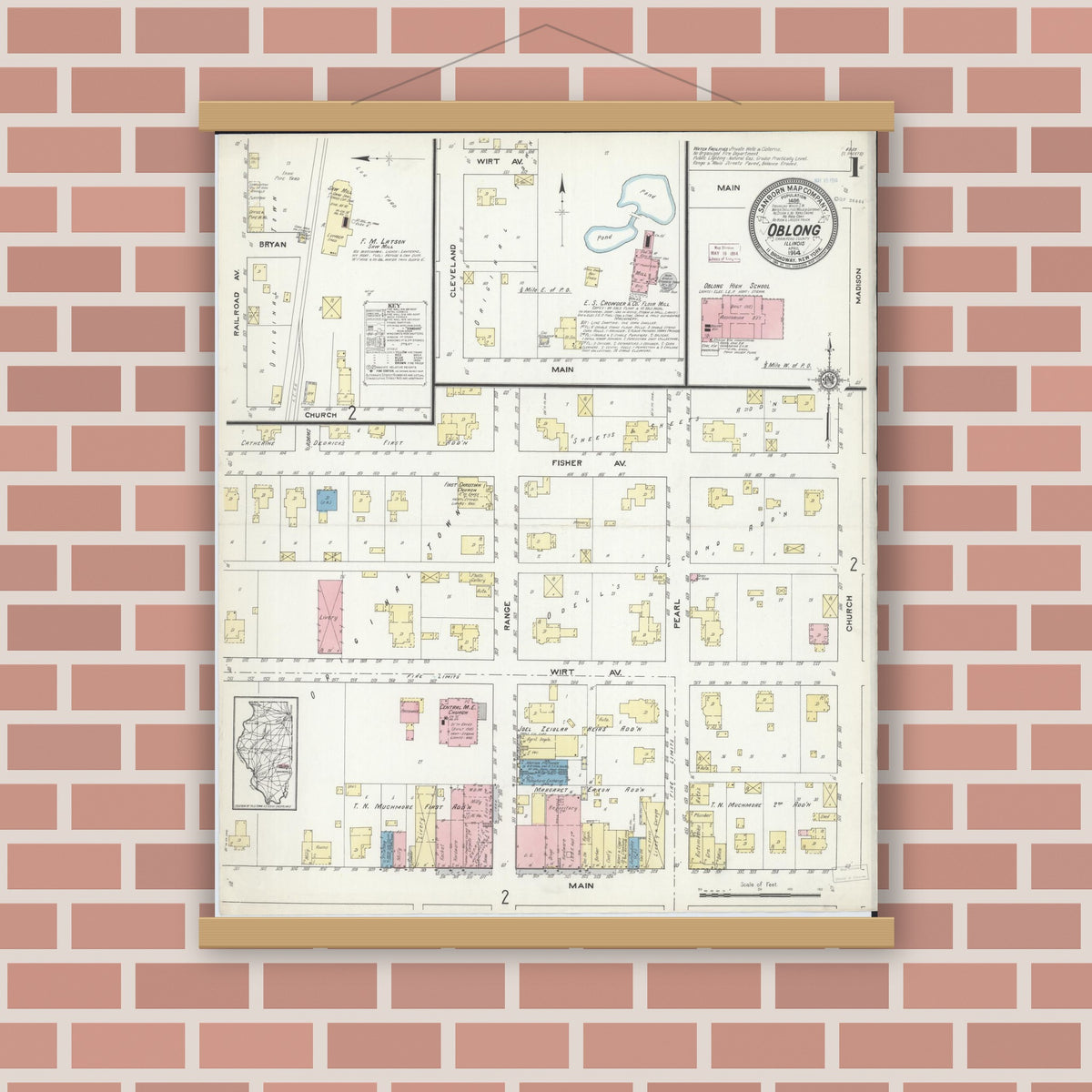 Old map wall art mockup — magnetic wood frame on brick wall — Sanborn Fire Insurance Map from Oblong, Crawford County, Illinois (1914), Sheet #0001