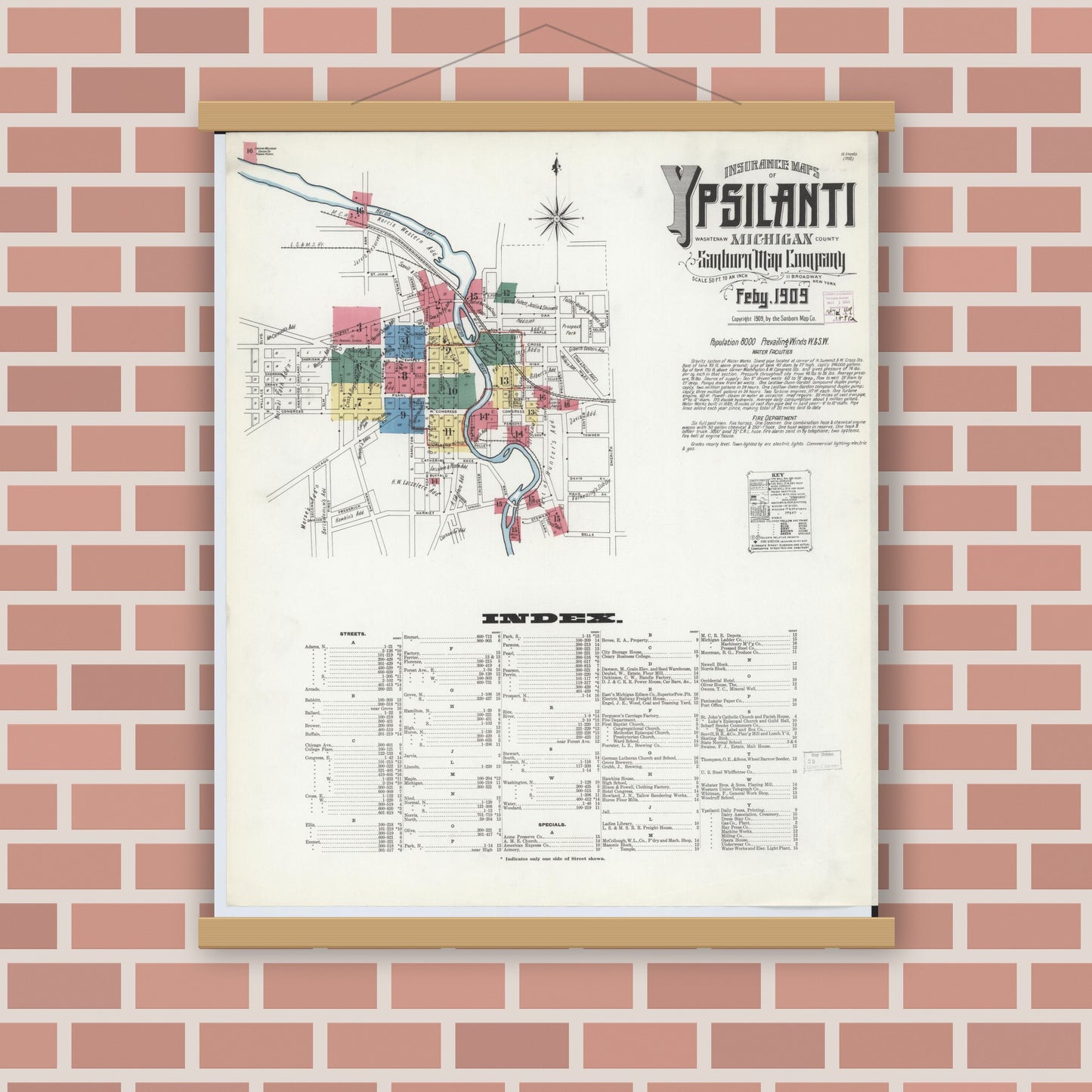Old map wall art mockup — magnetic wood frame on brick wall — Sanborn Fire Insurance Map from Ypsilanti, Washtenaw County, Michigan (1909) - Complete Map Set