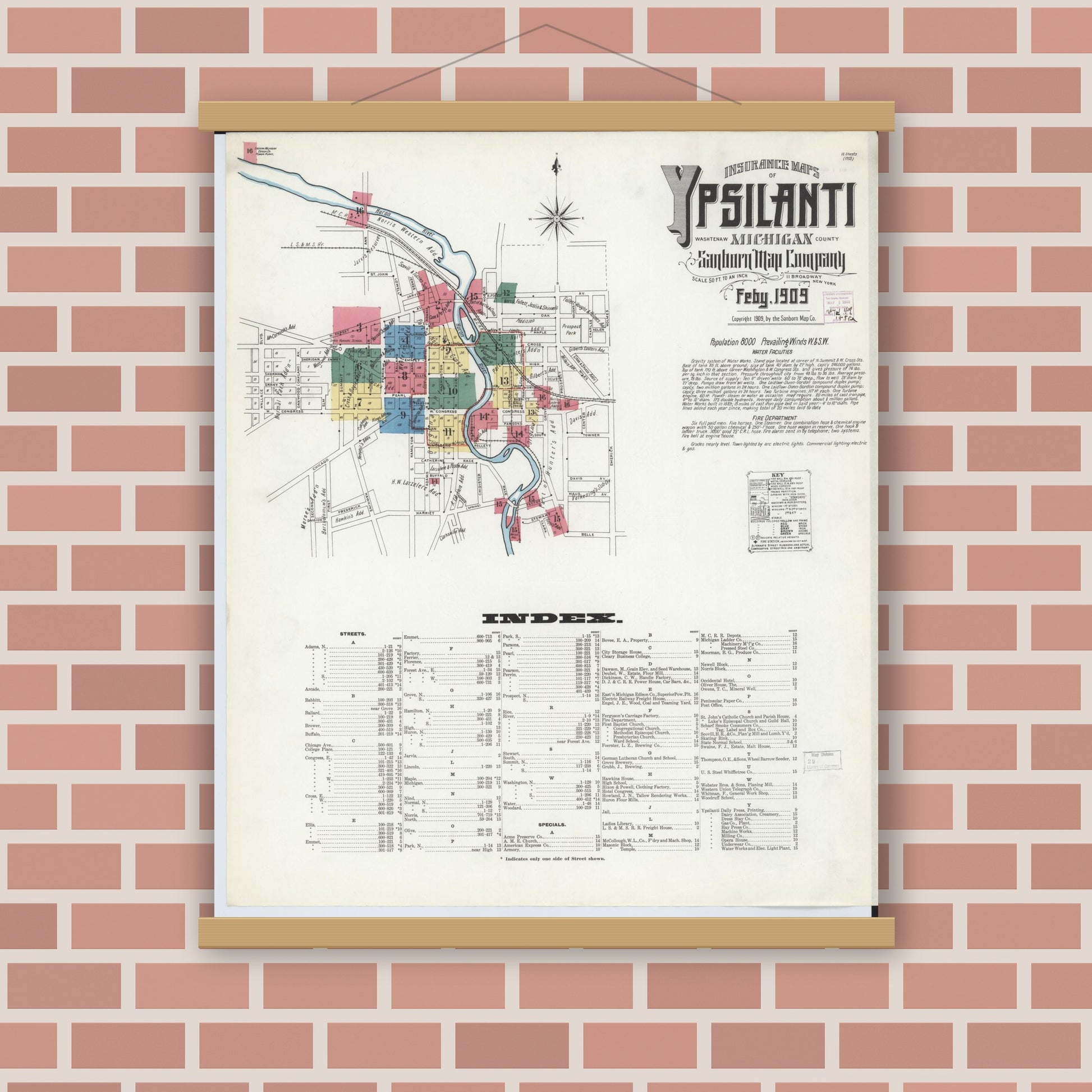 Old map wall art mockup — magnetic wood frame on brick wall — Sanborn Fire Insurance Map from Ypsilanti, Washtenaw County, Michigan (1909) - Complete Map Set
