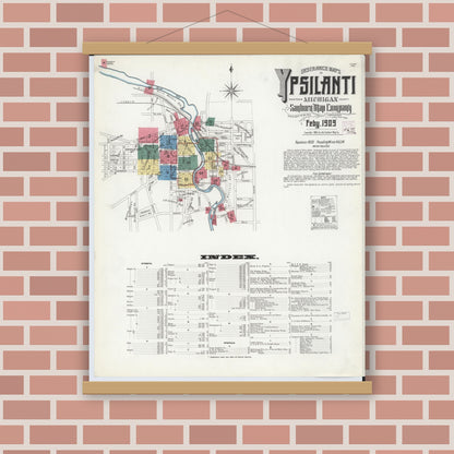 Old map wall art mockup — magnetic wood frame on brick wall — Sanborn Fire Insurance Map from Ypsilanti, Washtenaw County, Michigan (1909) - Complete Map Set