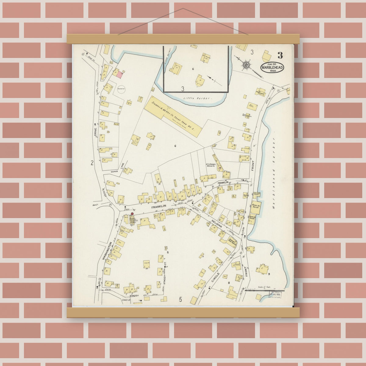 Old map wall art mockup — magnetic wood frame on brick wall — Sanborn Fire Insurance Map from Marblehead, Essex County, Massachusetts (1915), Sheet #0003