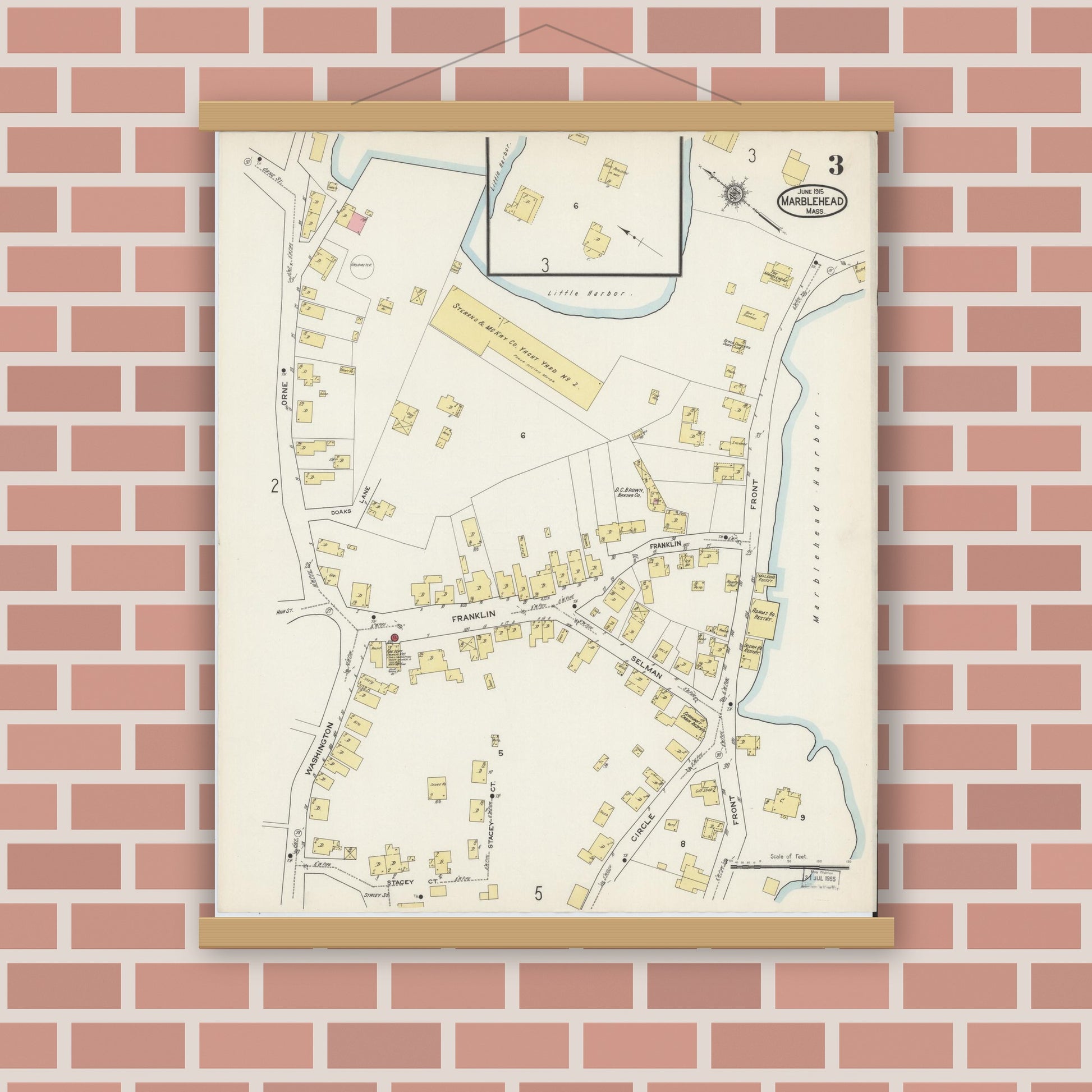 Old map wall art mockup — magnetic wood frame on brick wall — Sanborn Fire Insurance Map from Marblehead, Essex County, Massachusetts (1915), Sheet #0003