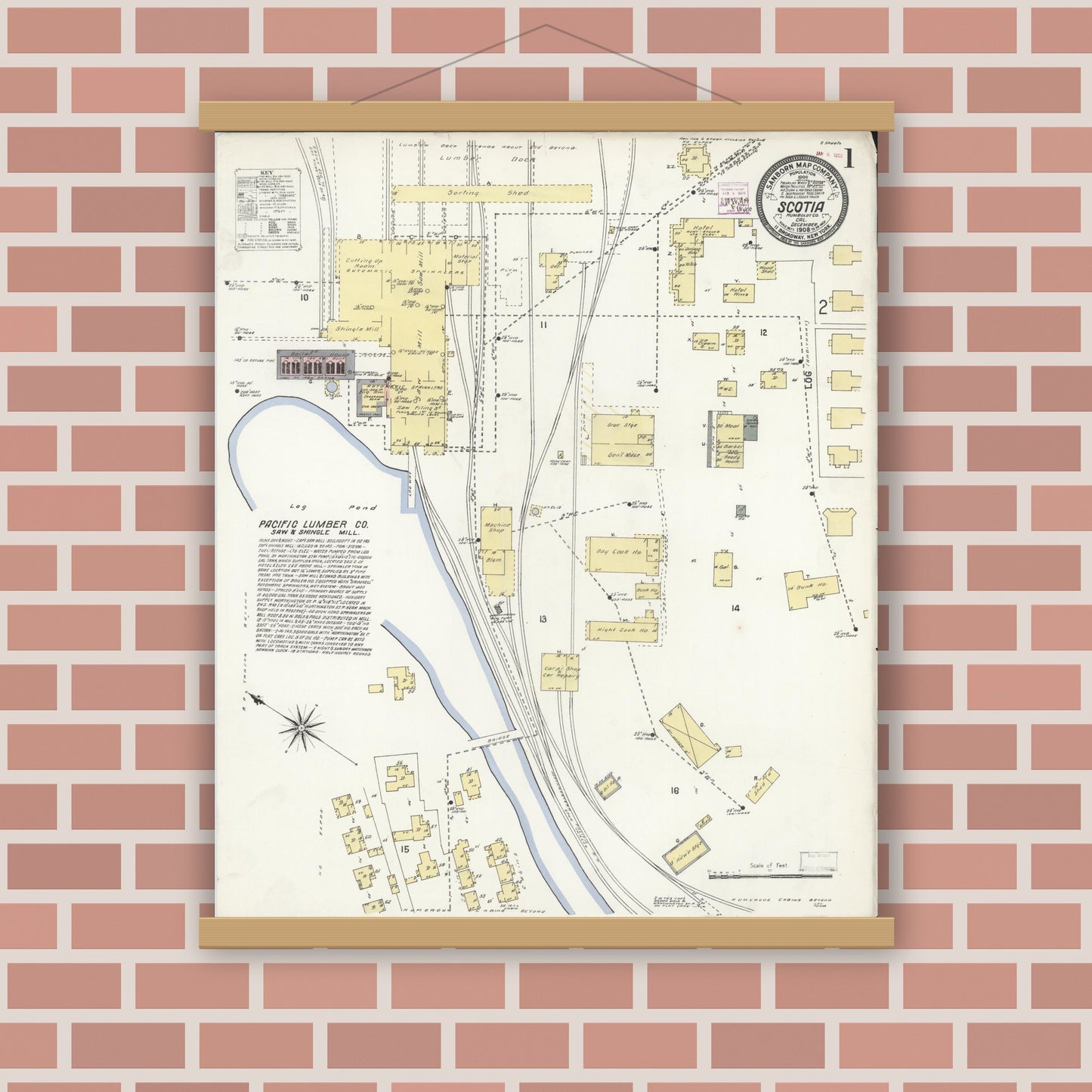 Old map wall art mockup — magnetic wood frame on brick wall — Sanborn Fire Insurance Map from Scotia, Humboldt County, California (1908) - Complete Map Set