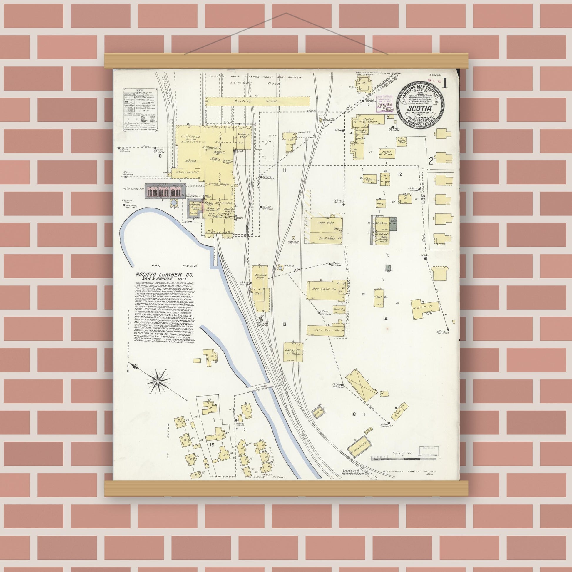 Old map wall art mockup — magnetic wood frame on brick wall — Sanborn Fire Insurance Map from Scotia, Humboldt County, California (1908) - Complete Map Set