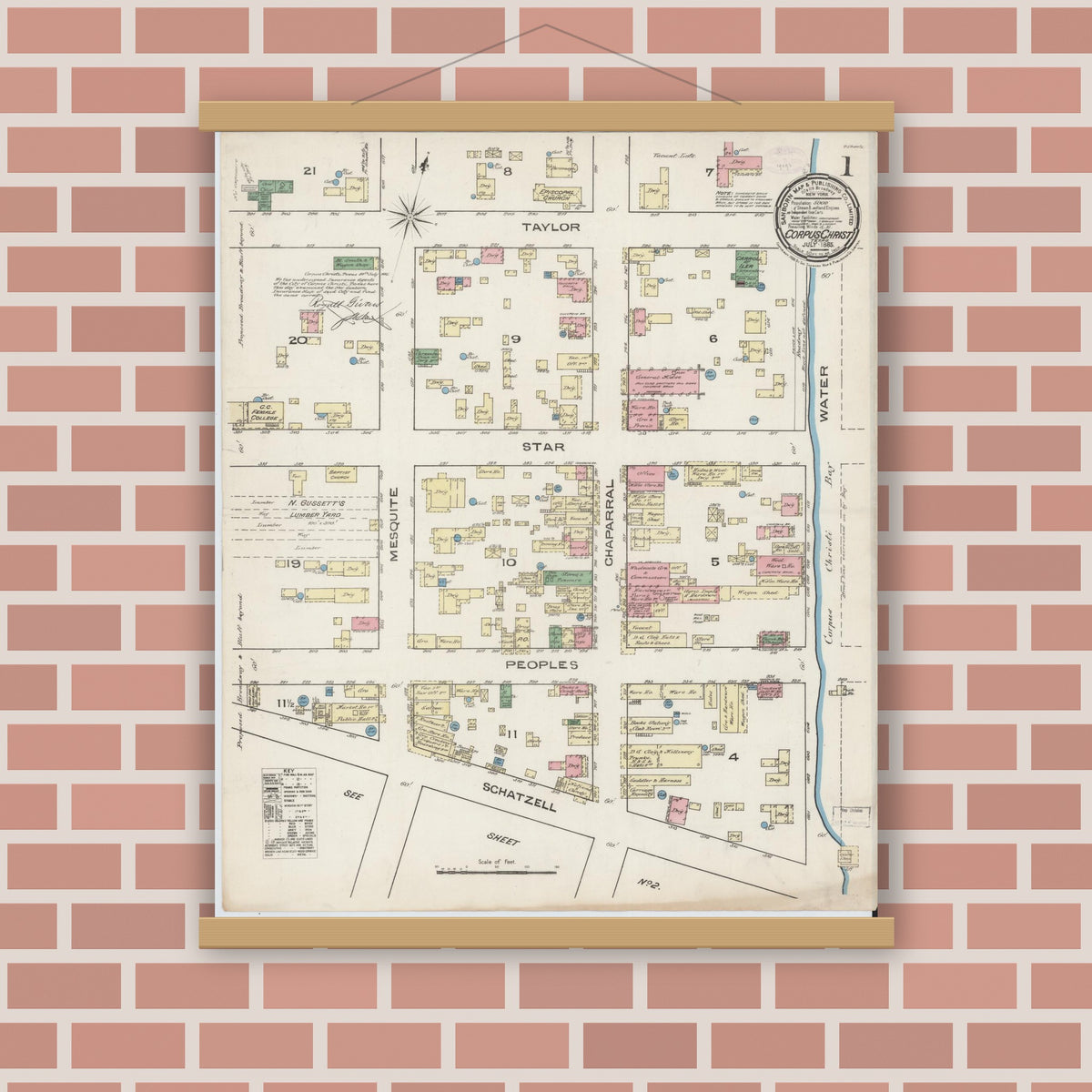Old map wall art mockup — magnetic wood frame on brick wall — Sanborn Fire Insurance Map from Corpus Christi, Nueces County, Texas (1885) - Complete Map Set