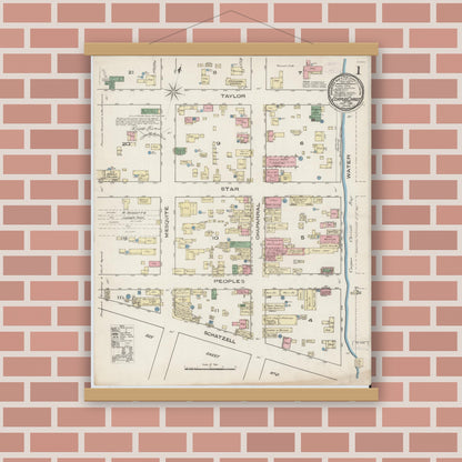 Old map wall art mockup — magnetic wood frame on brick wall — Sanborn Fire Insurance Map from Corpus Christi, Nueces County, Texas (1885) - Complete Map Set