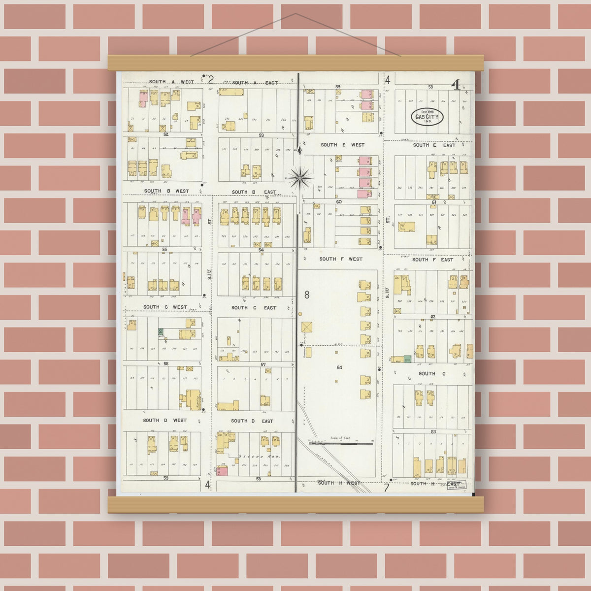Old map wall art mockup — magnetic wood frame on brick wall — Sanborn Fire Insurance Map from Gas City, Grant County, Indiana (1898), Sheet #0004