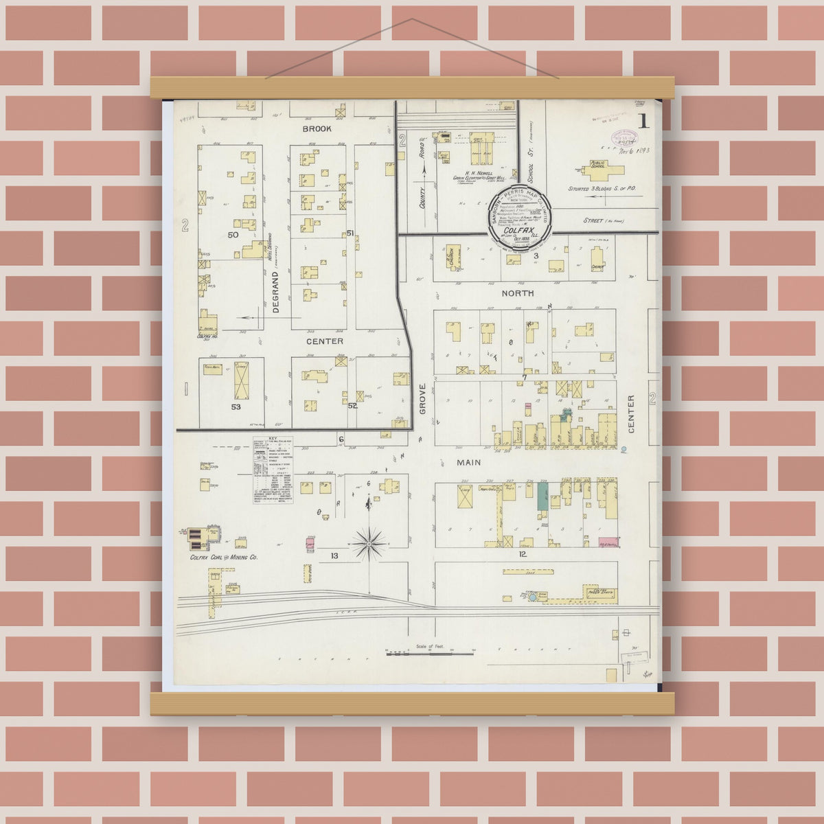 Old map wall art mockup — magnetic wood frame on brick wall — Sanborn Fire Insurance Map from Colfax, McLean County, Illinois (1893) - Complete Map Set