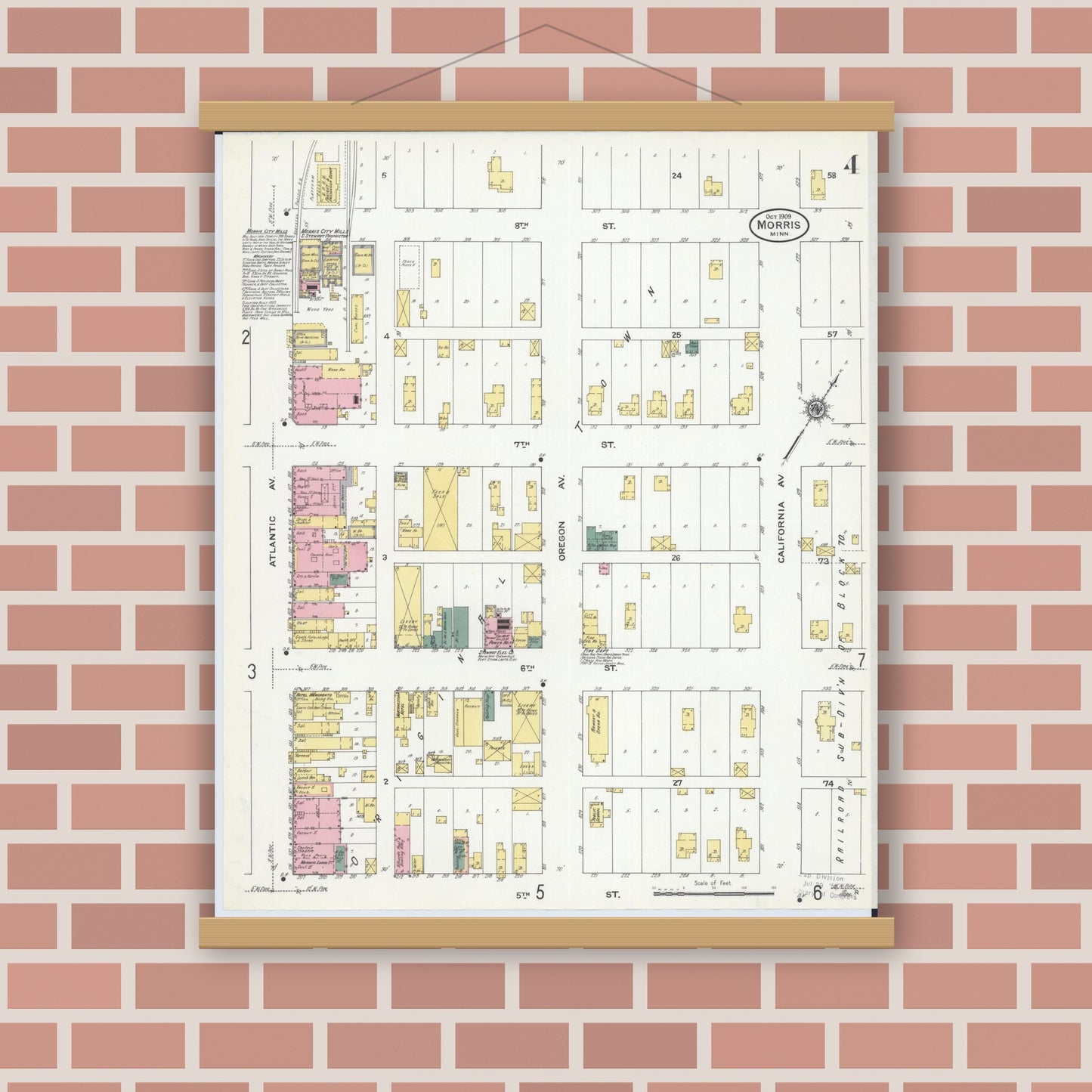 Old map wall art mockup — magnetic wood frame on brick wall — Sanborn Fire Insurance Map from Morris, Stevens County, Minnesota (1909), Sheet #0004
