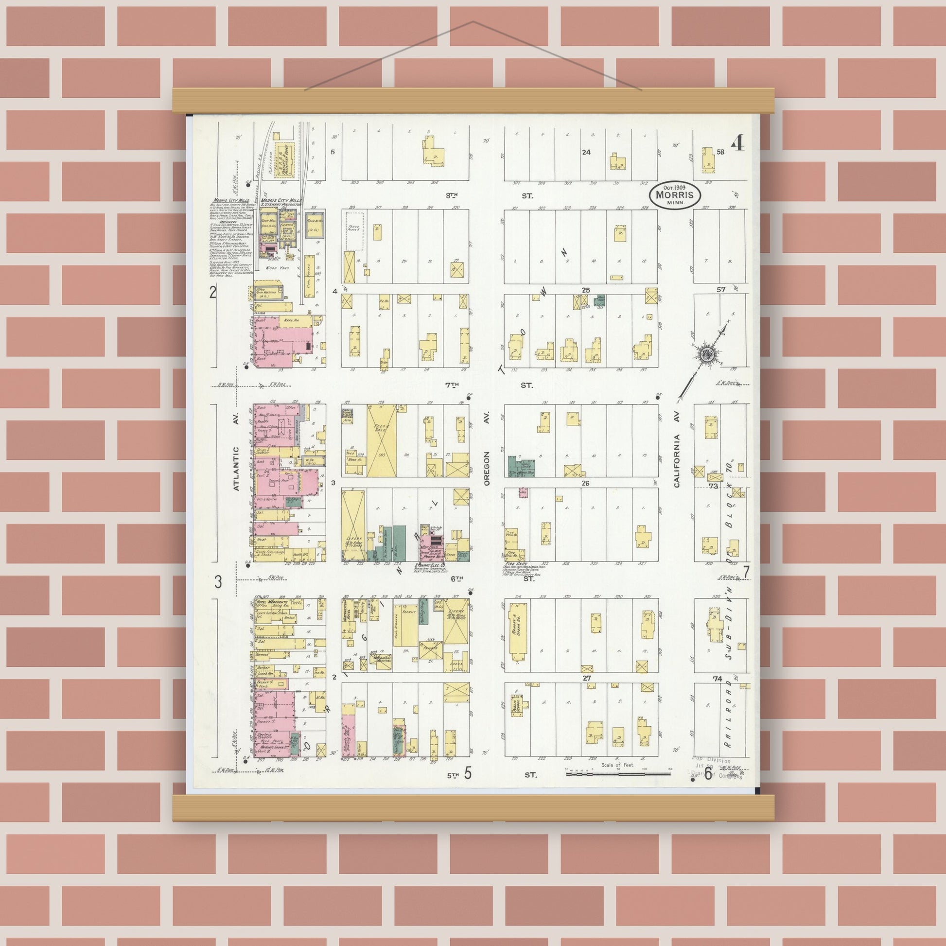 Old map wall art mockup — magnetic wood frame on brick wall — Sanborn Fire Insurance Map from Morris, Stevens County, Minnesota (1909), Sheet #0004