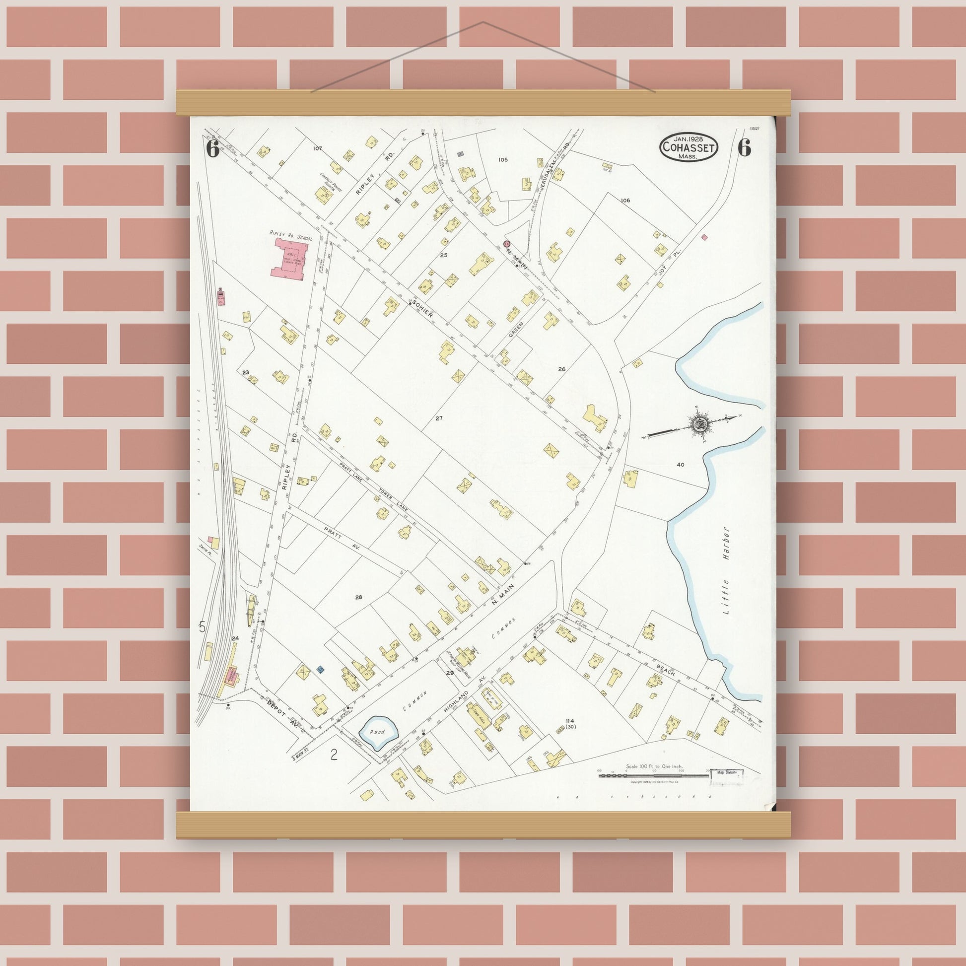 Old map wall art mockup — magnetic wood frame on brick wall — Sanborn Fire Insurance Map from Cohasset, Norfolk County, Massachusetts (1928), Sheet #0006