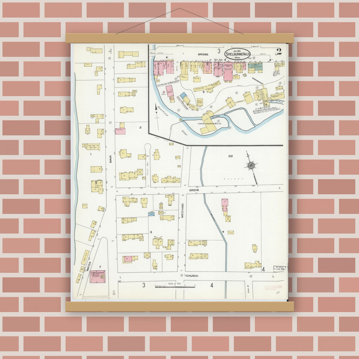 Old map wall art mockup — magnetic wood frame on brick wall — Sanborn Fire Insurance Map from Shelburne Falls, Franklin County, Massachusetts (1910), Sheet #0002