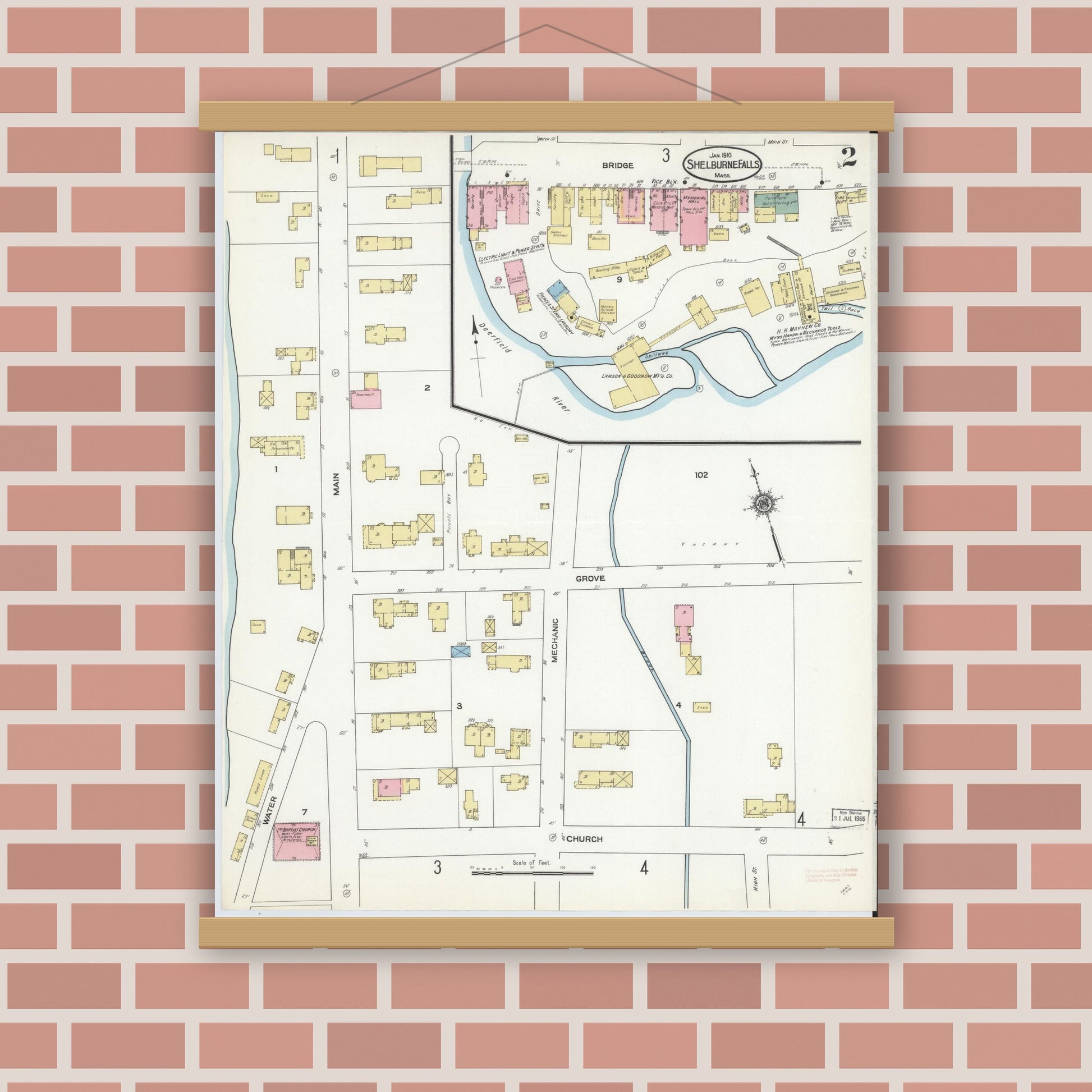 Old map wall art mockup — magnetic wood frame on brick wall — Sanborn Fire Insurance Map from Shelburne Falls, Franklin County, Massachusetts (1910), Sheet #0002