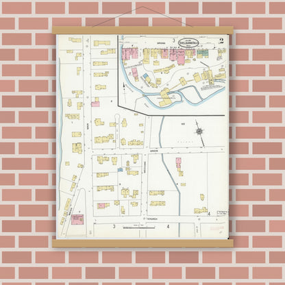 Old map wall art mockup — magnetic wood frame on brick wall — Sanborn Fire Insurance Map from Shelburne Falls, Franklin County, Massachusetts (1910), Sheet #0002