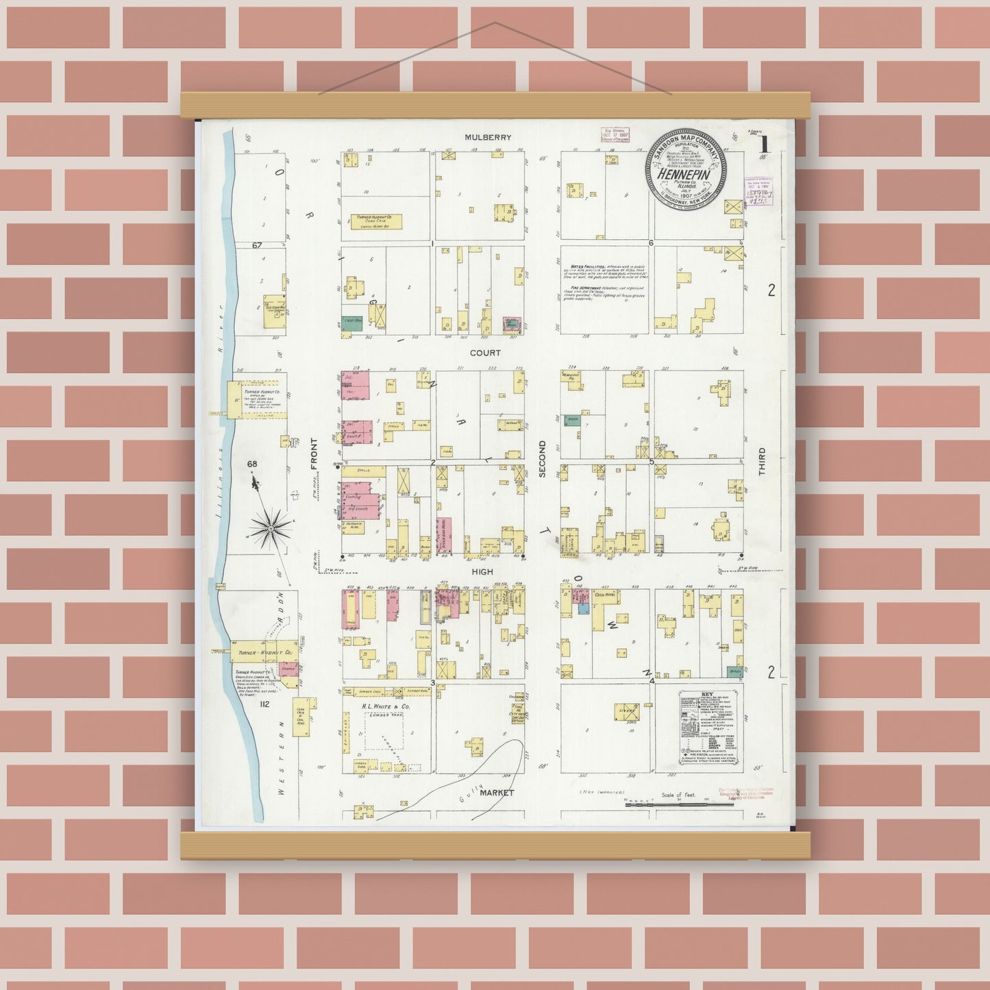 Old map wall art mockup — magnetic wood frame on brick wall — Sanborn Fire Insurance Map from Hennepin, Putnam County, Illinois (1907), Sheet #0001